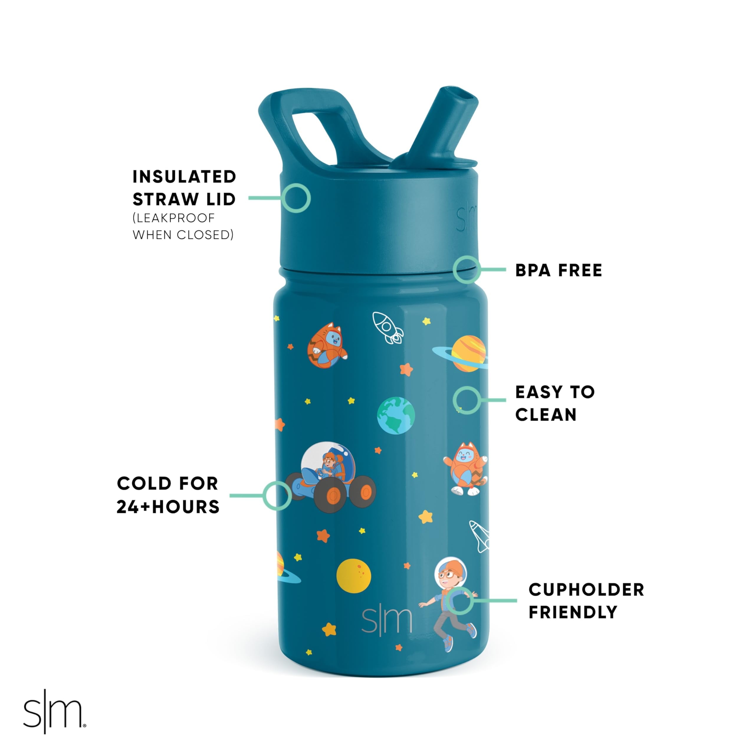 Simple Modern Blippi Kids Water Bottle with Straw Lid | Insulated Stainless Steel Reusable Tumbler for Toddlers, Girls | Summit Collection | 14oz, Blippi Space M689Y