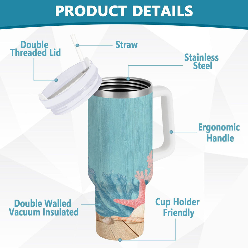 40 oz Insulated Stainless Steel Tumbler Double Wall Stainless Steel Tumbler with 2-Way Drinking Colorful Starfish and Seashells M636V