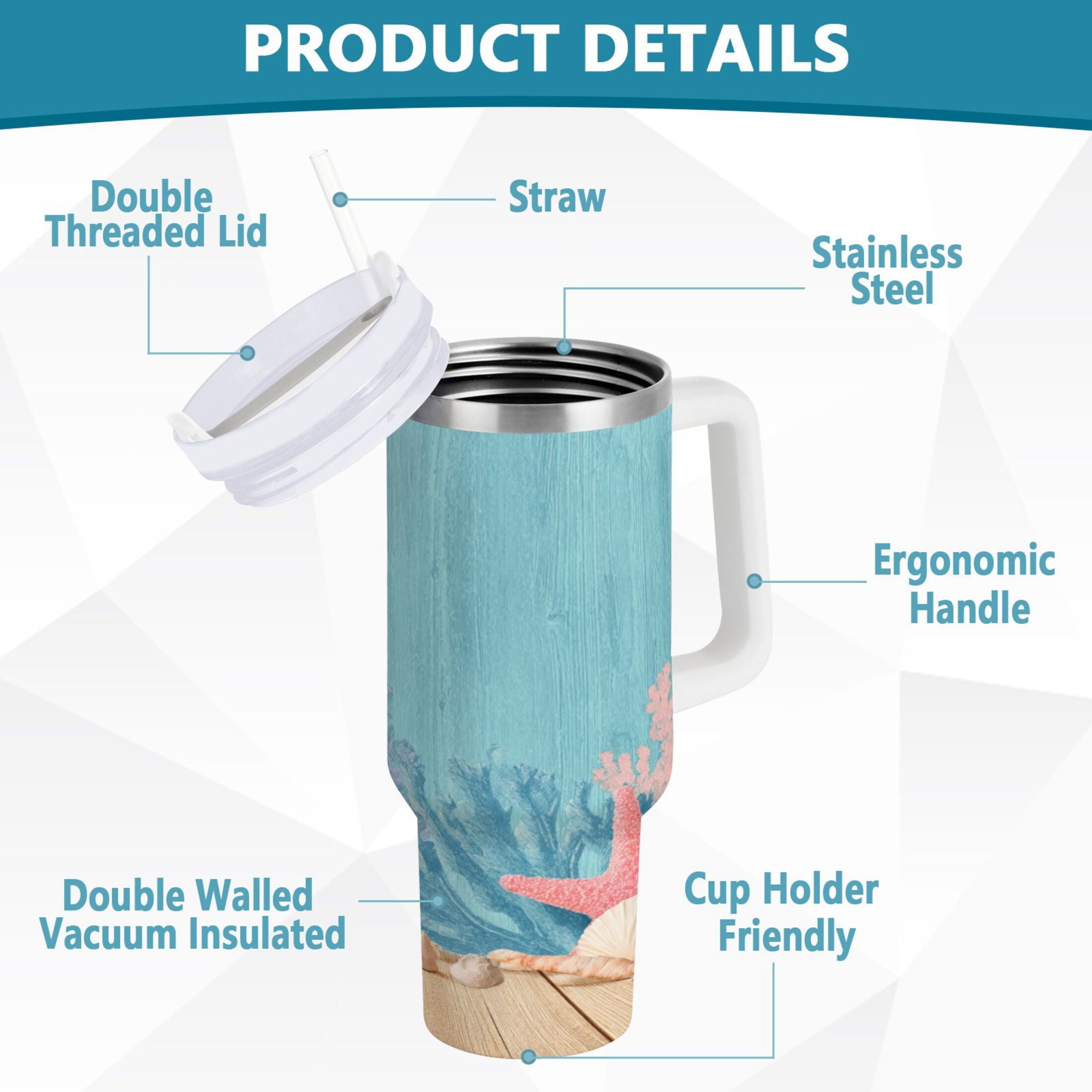 40 oz Insulated Stainless Steel Tumbler Double Wall Stainless Steel Tumbler with 2-Way Drinking Colorful Starfish and Seashells M636V