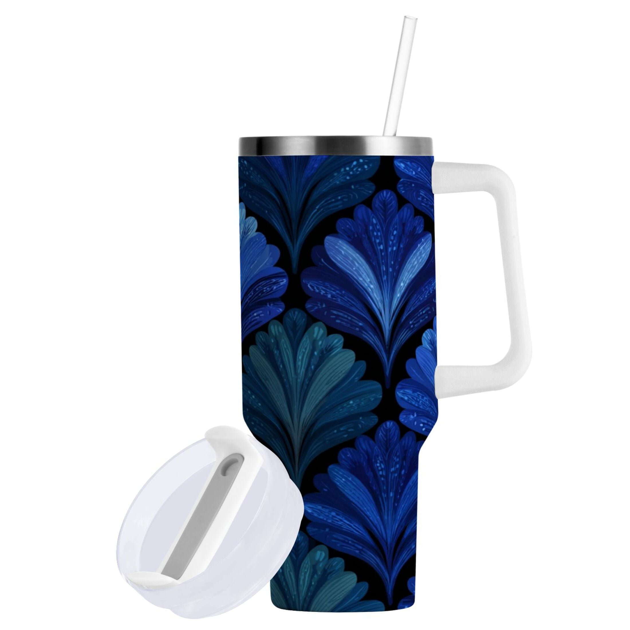30 oz Insulated Stainless Steel Tumbler Double Wall Stainless Steel Tumbler with 2-Way Drinking Blue Batik Leaves Pattern M525X