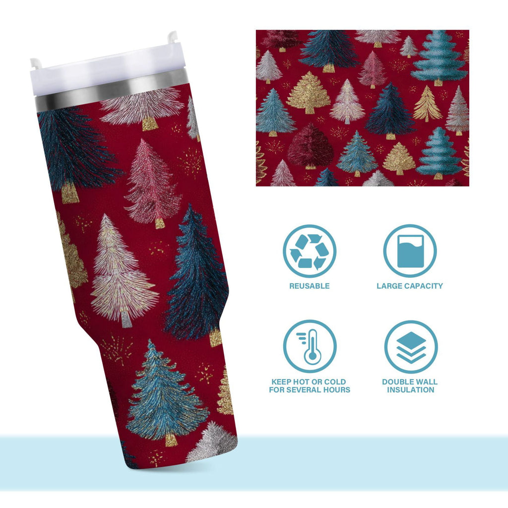 30 oz Insulated Stainless Steel Tumbler Double Wall Stainless Steel Tumbler with 2-Way Drinking Stylized Christmas Trees M644F