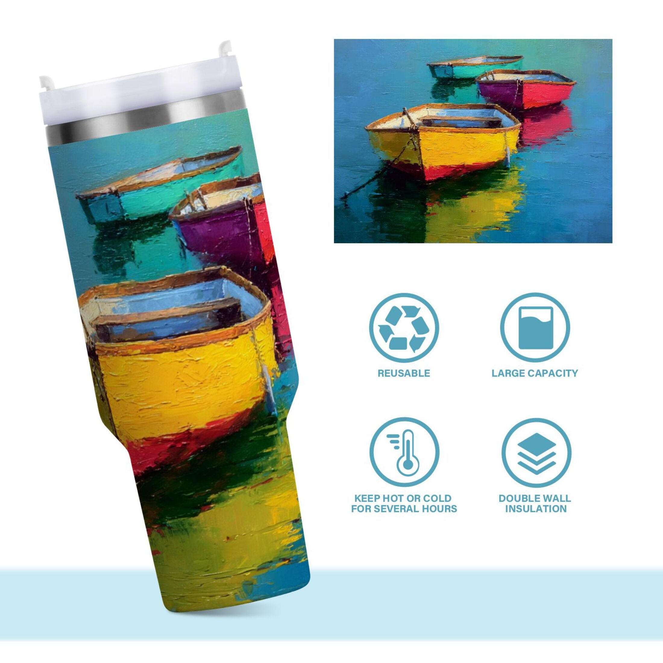 30 oz Insulated Stainless Steel Tumbler Double Wall Stainless Steel Tumbler with 2-Way Drinking Colorful Row Boats M555L