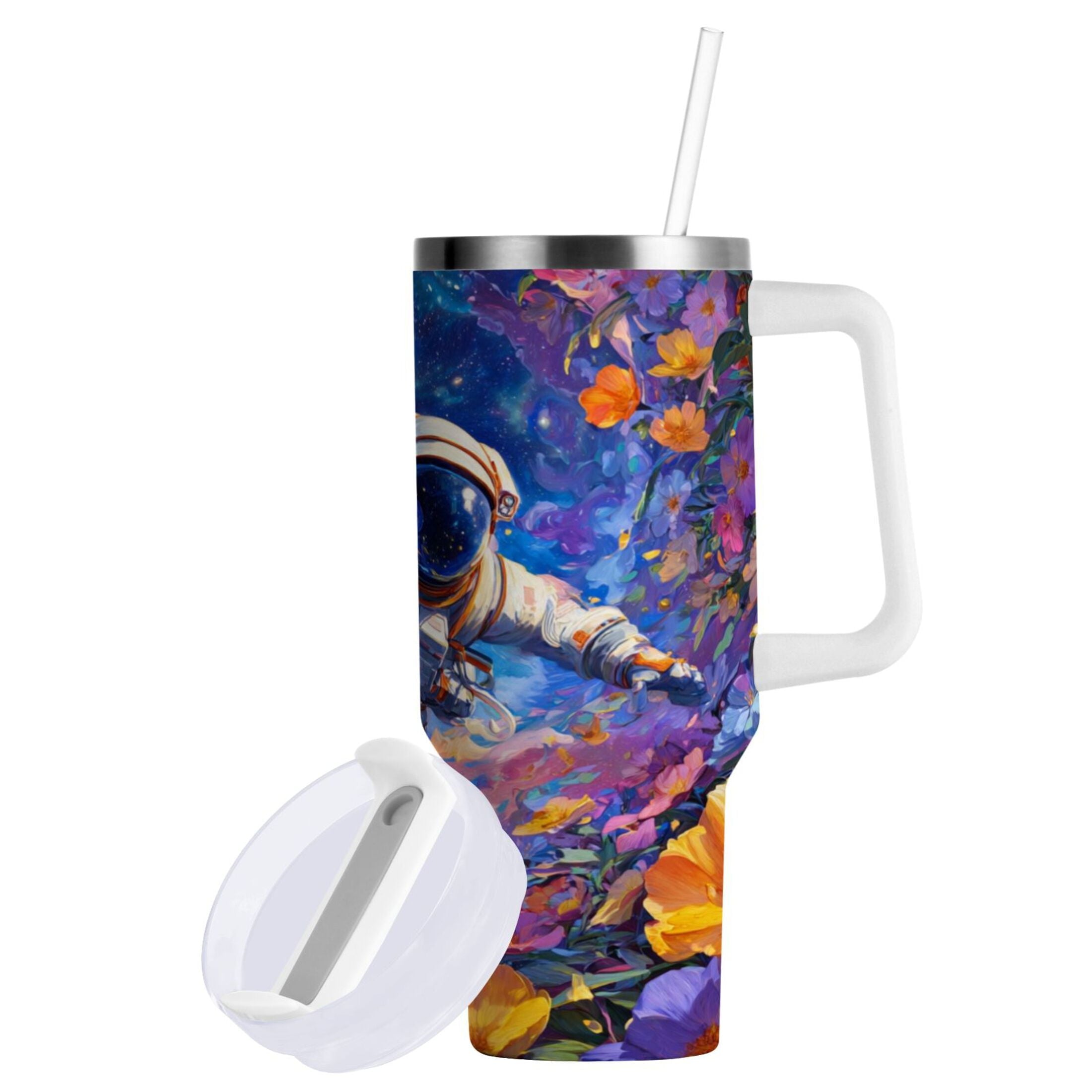 40 oz Insulated Stainless Steel Tumbler Double Wall Stainless Steel Tumbler with 2-Way Drinking Astronaut and Colorful Flowers M562A