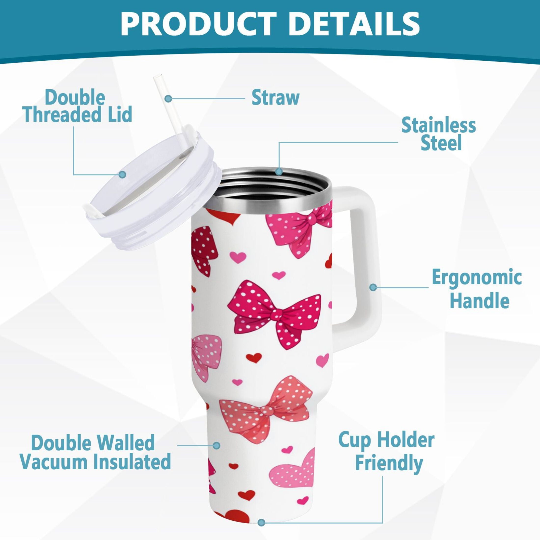 30 oz Insulated Stainless Steel Tumbler Double Wall Stainless Steel Tumbler with 2-Way Drinking Red and Pink Bows M595K