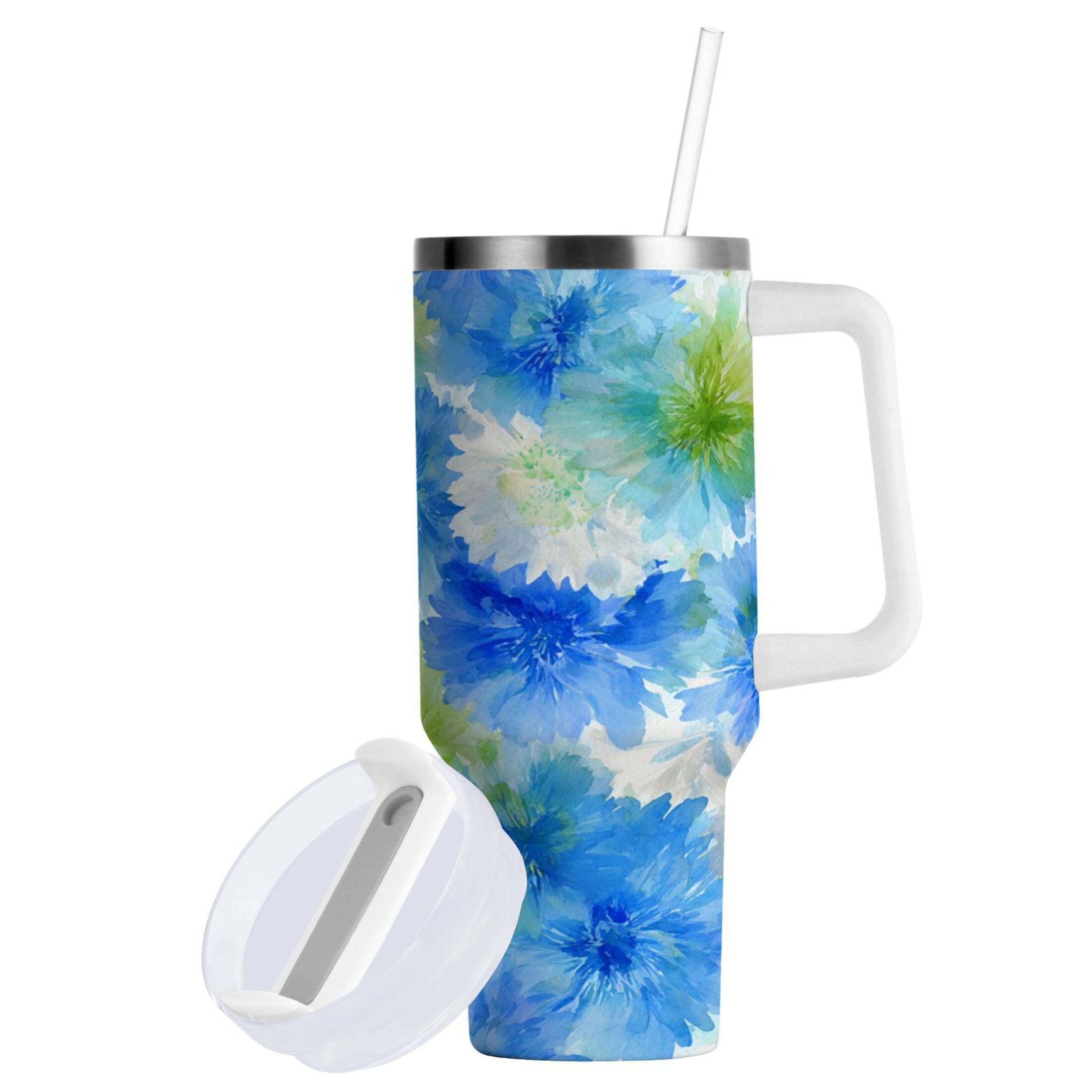 40 oz Insulated Stainless Steel Tumbler Double Wall Stainless Steel Tumbler with 2-Way Drinking Watercolor Blue Cornflowers M567D