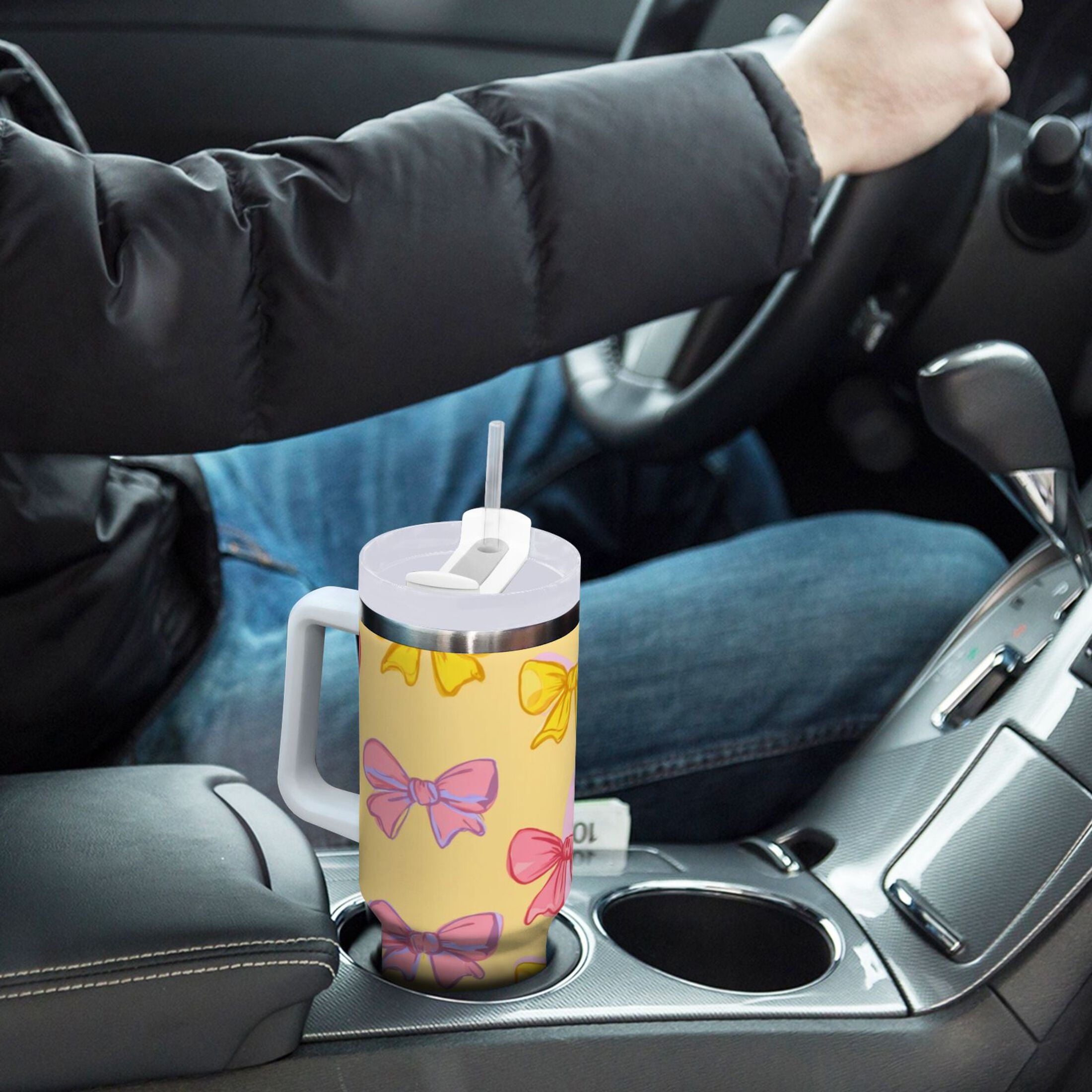 30 oz Insulated Stainless Steel Tumbler Double Wall Stainless Steel Tumbler with 2-Way Drinking Yellow and Pink Bows M566J