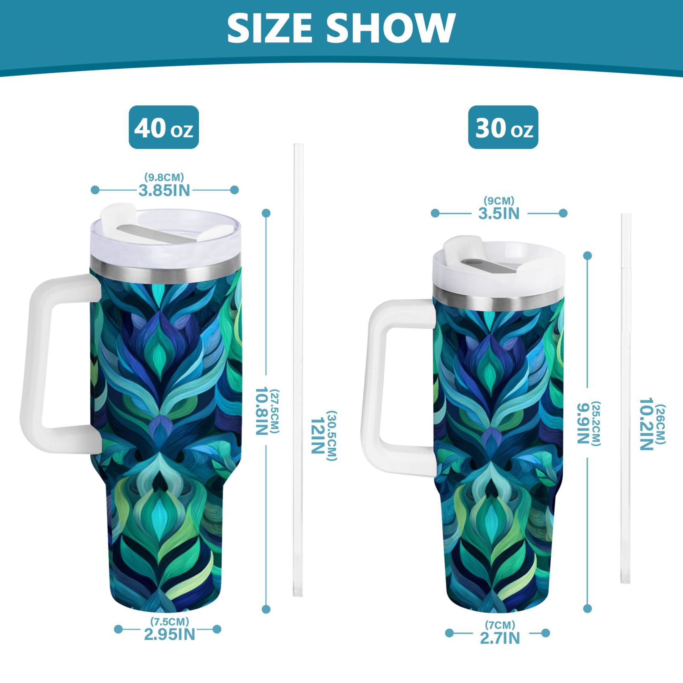 40 oz Insulated Stainless Steel Tumbler Double Wall Stainless Steel Tumbler with 2-Way Drinking Elegant Blue Abstract Shapes M609R