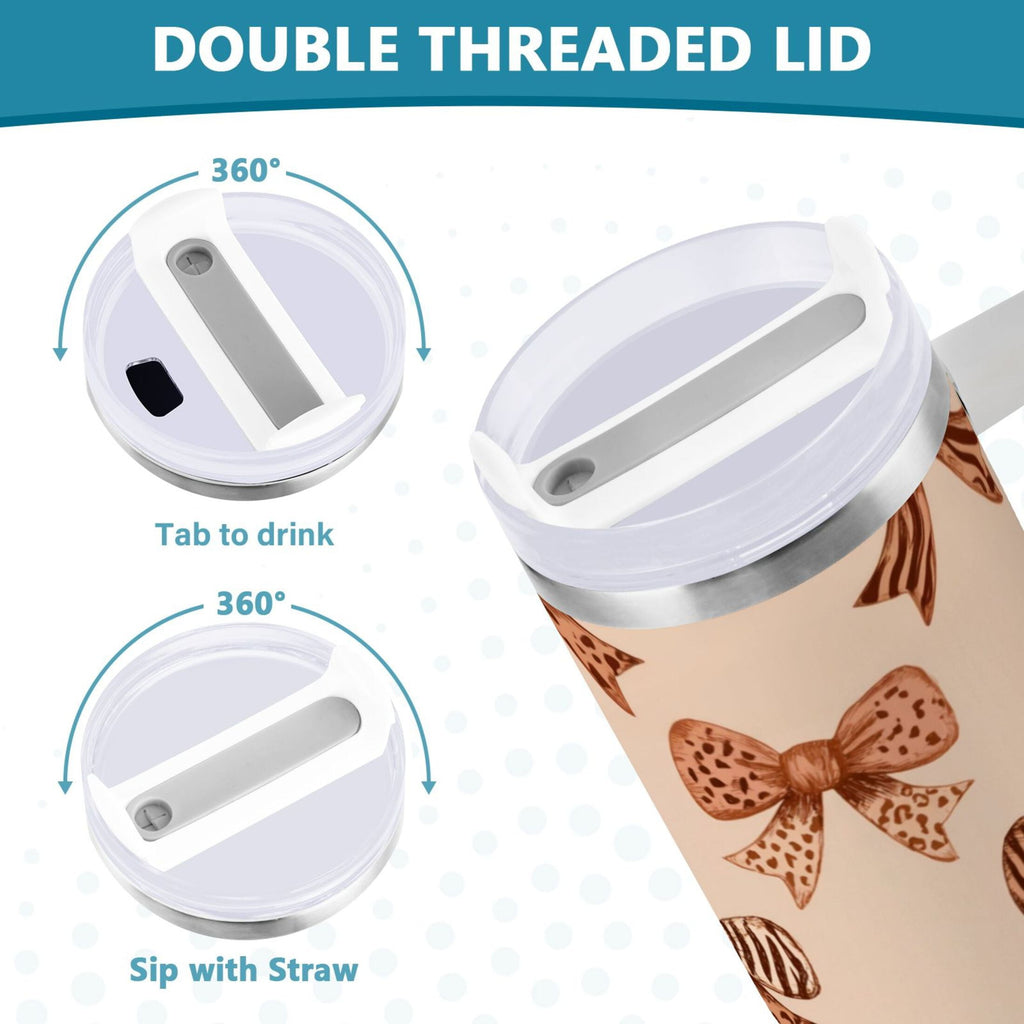 40 oz Insulated Stainless Steel Tumbler Double Wall Stainless Steel Tumbler with 2-Way Drinking Leopard Print Bow M550L