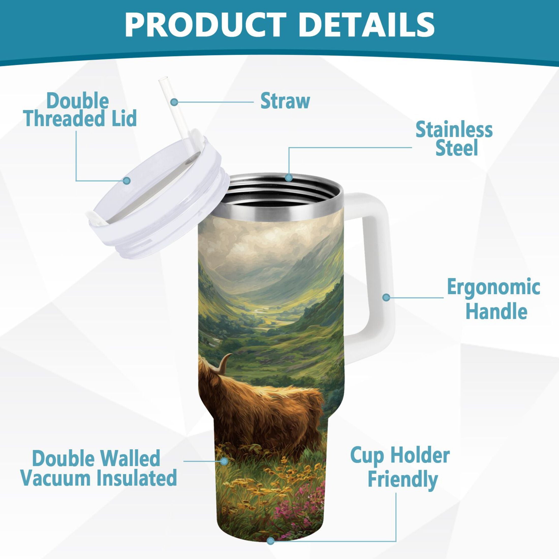 30 oz Insulated Stainless Steel Tumbler Double Wall Stainless Steel Tumbler with 2-Way Drinking Cow in Green Rolling Hills M586P