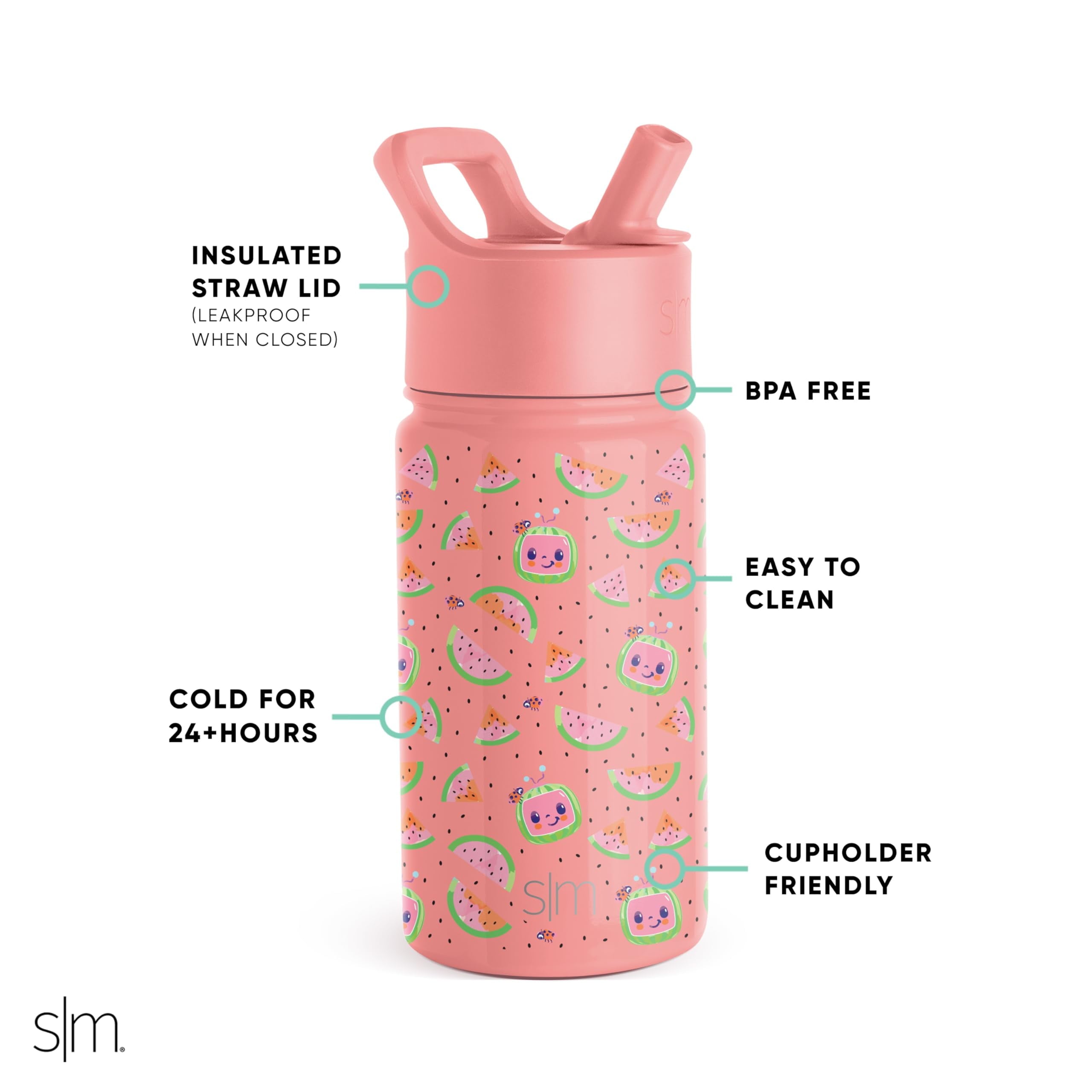 Simple Modern CoComelon Kids Water Bottle with Straw Lid | Insulated Stainless Steel Reusable Tumbler for Toddlers, Girls | Summit Collection | 14oz, CoComelon Pink Melon M688N
