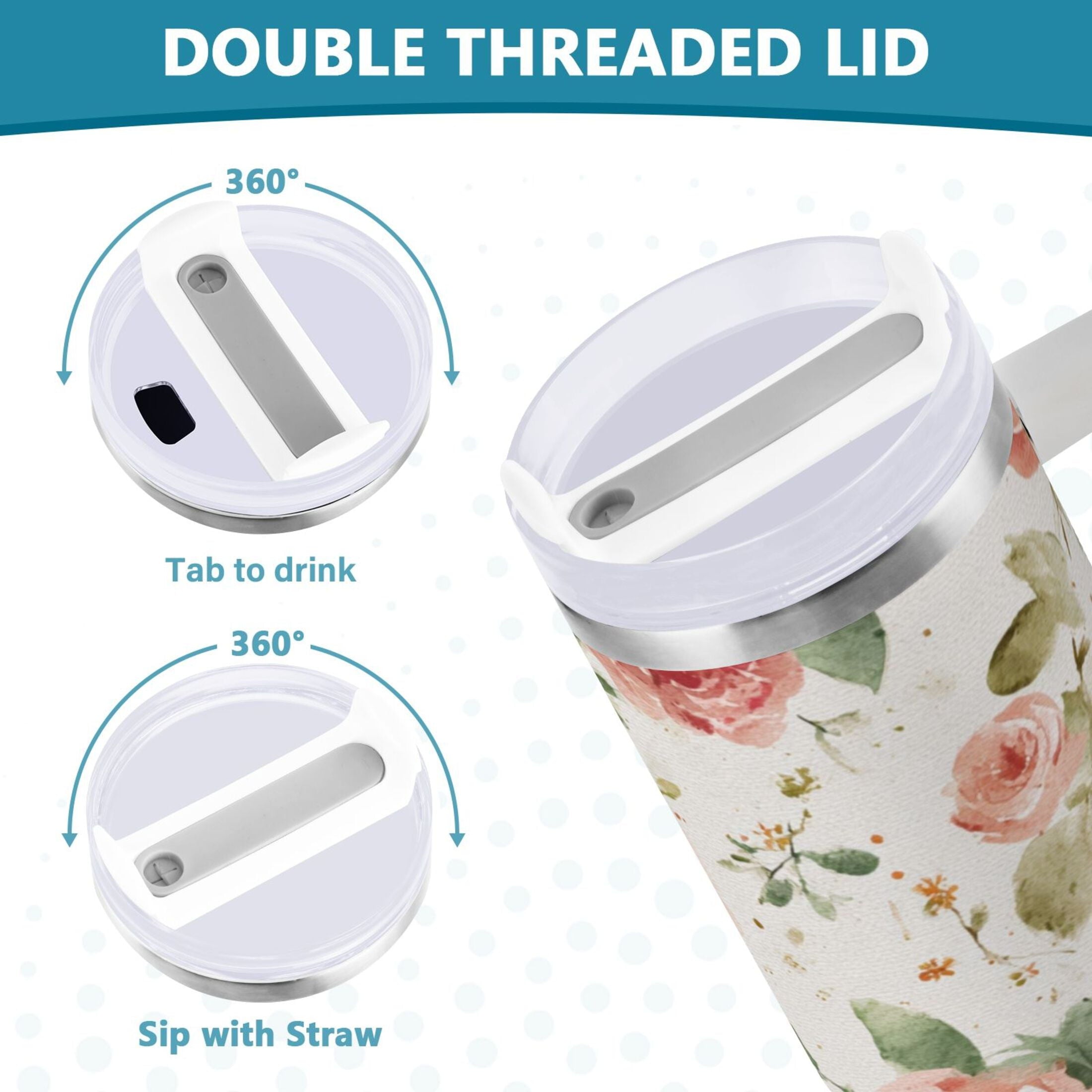 40 oz Insulated Stainless Steel Tumbler Double Wall Stainless Steel Tumbler with 2-Way Drinking Watercolor Rose Floral Pattern M499U