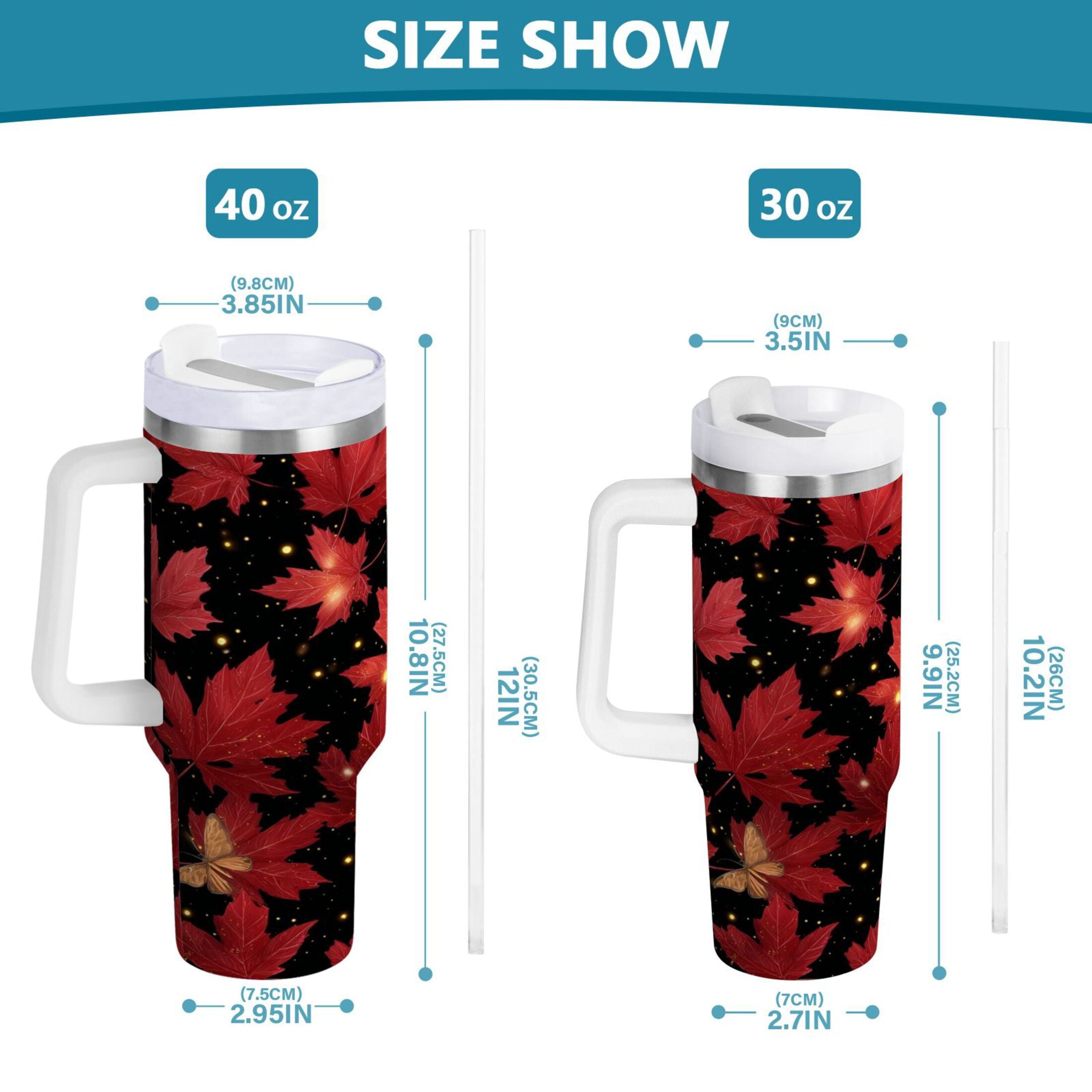 40 oz Insulated Stainless Steel Tumbler Double Wall Stainless Steel Tumbler with 2-Way Drinking Maple Leaves and Fireflies M516Q