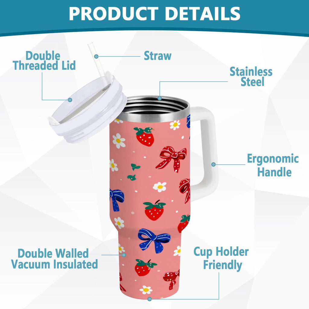 40 oz Insulated Stainless Steel Tumbler Double Wall Stainless Steel Tumbler with 2-Way Drinking Bows and Strawberries Pattern M511V