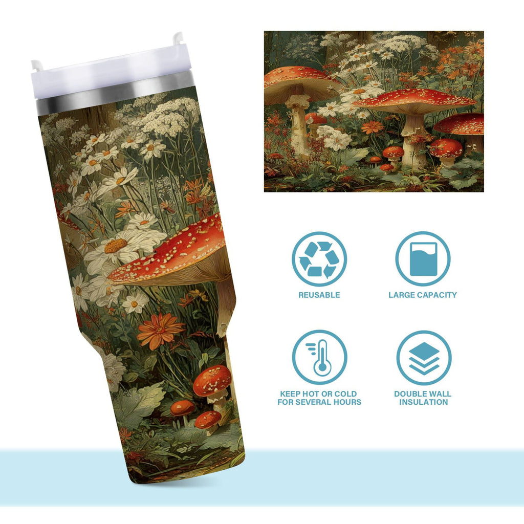 40 oz Insulated Stainless Steel Tumbler Double Wall Stainless Steel Tumbler with 2-Way Drinking Red Mushrooms M505K