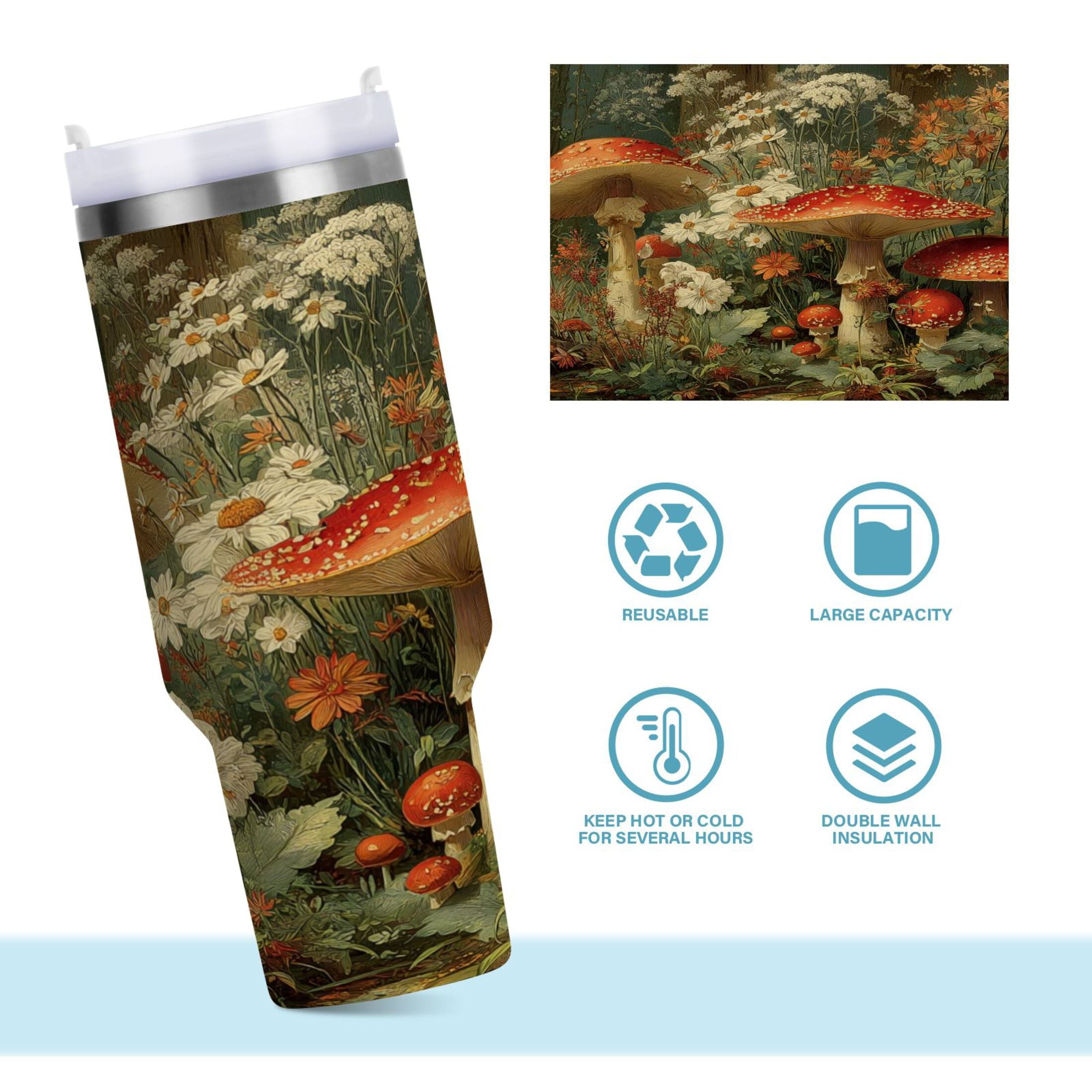 40 oz Insulated Stainless Steel Tumbler Double Wall Stainless Steel Tumbler with 2-Way Drinking Red Mushrooms M505K
