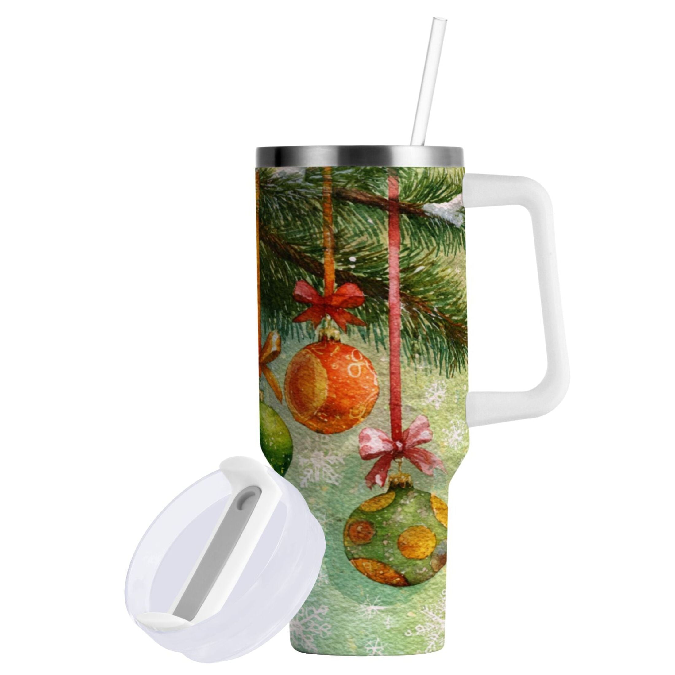 30 oz Insulated Stainless Steel Tumbler Double Wall Stainless Steel Tumbler with 2-Way Drinking Christmas Ornaments Watercolor Painting M639P