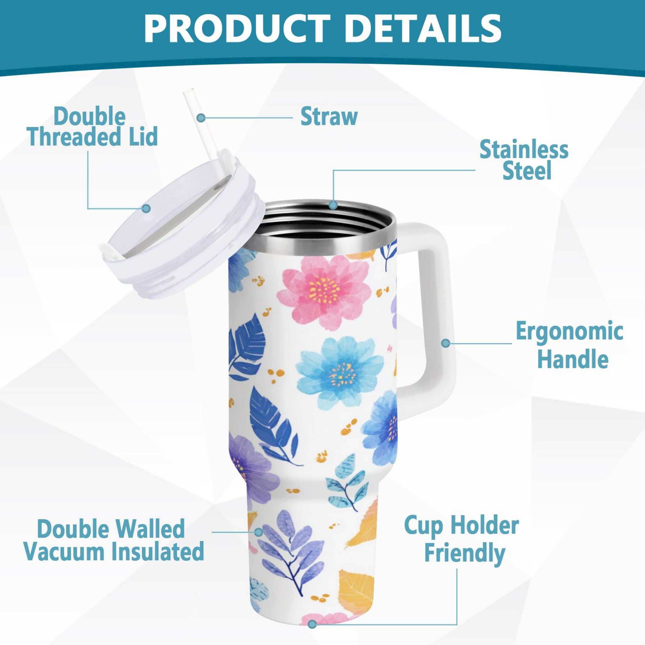 30 oz Insulated Stainless Steel Tumbler Double Wall Stainless Steel Tumbler with 2-Way Drinking Blue and Purple Flowers M522U