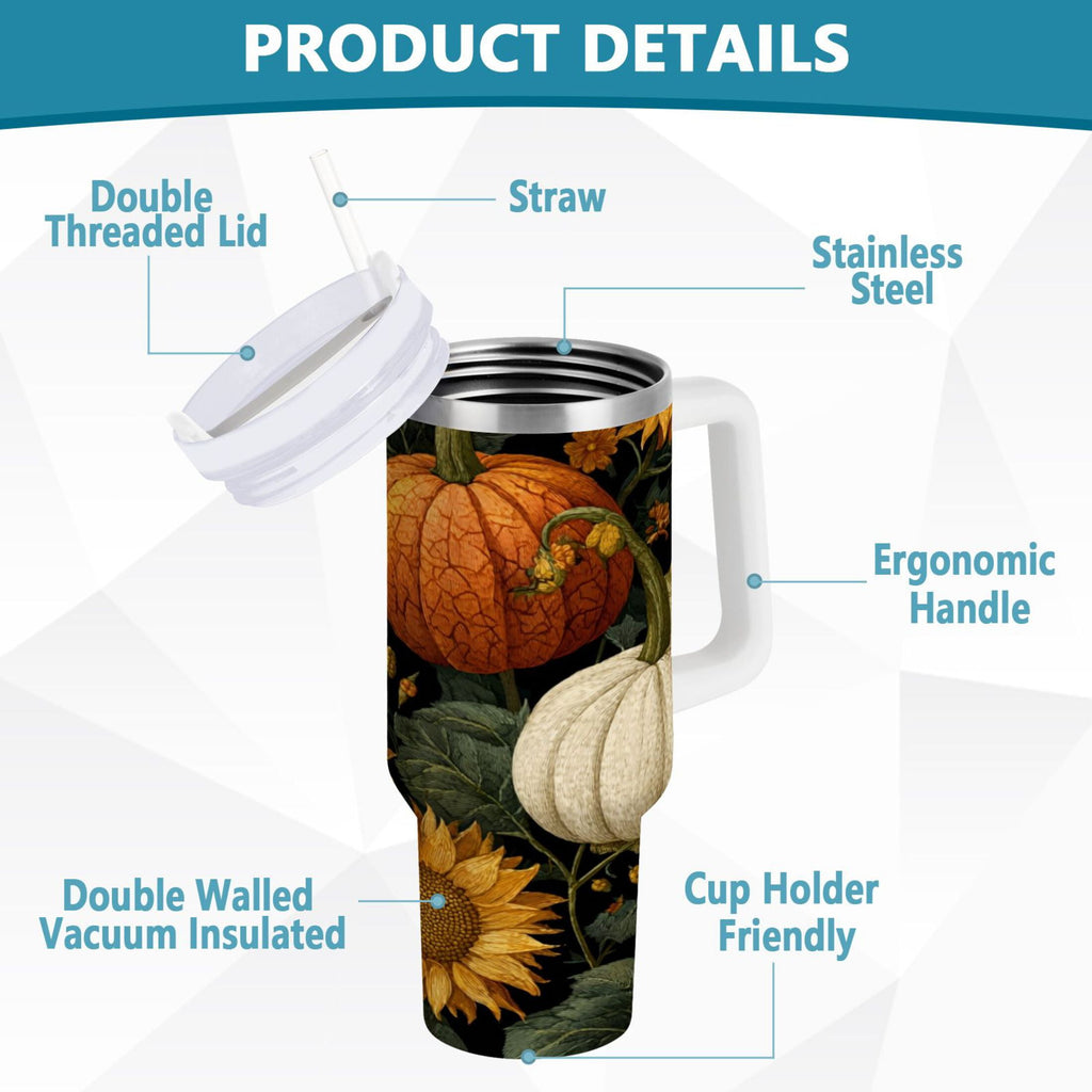 40 oz Insulated Stainless Steel Tumbler Double Wall Stainless Steel Tumbler with 2-Way Drinking Pumpkins and Sunflowers Pattern M560R