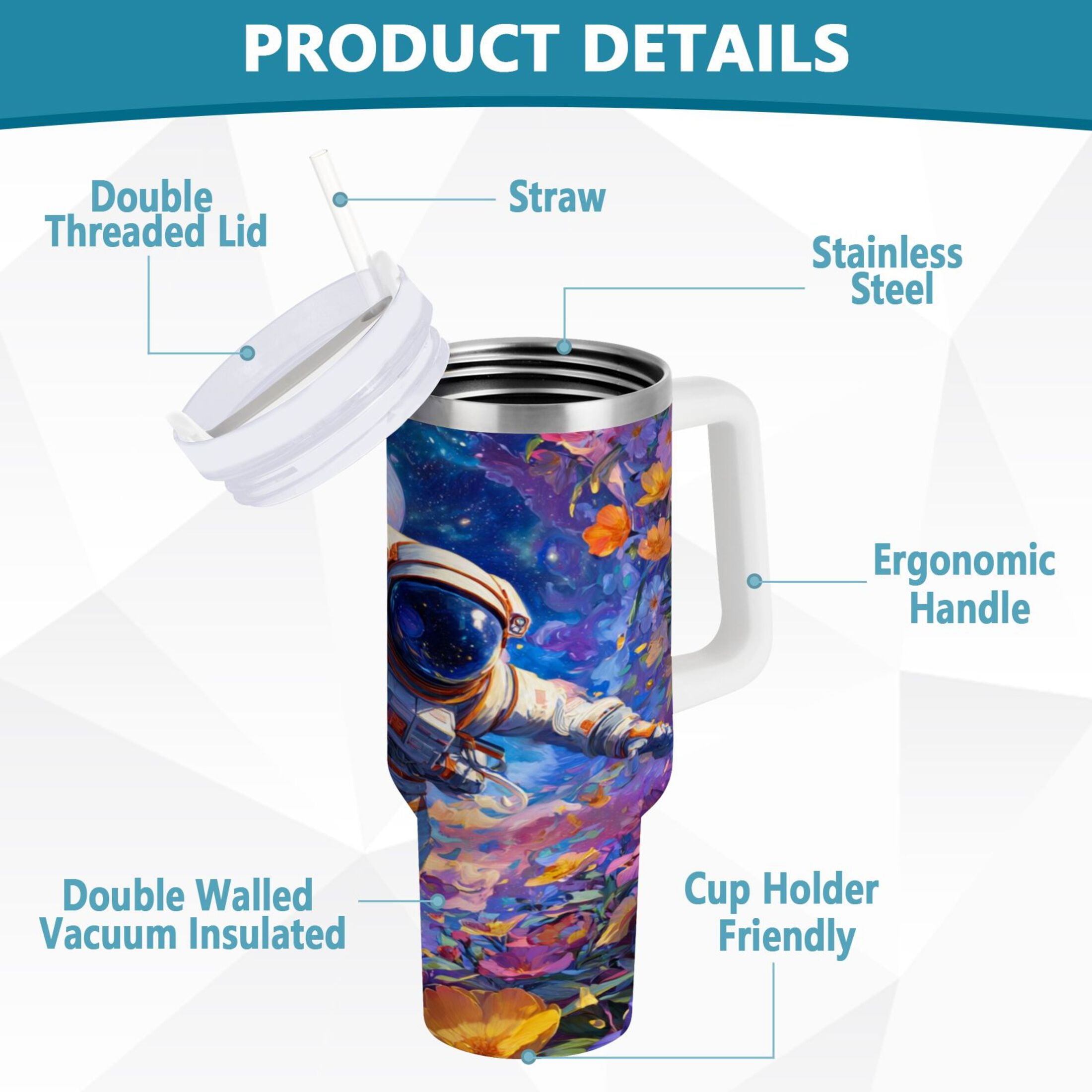 40 oz Insulated Stainless Steel Tumbler Double Wall Stainless Steel Tumbler with 2-Way Drinking Astronaut and Colorful Flowers M562A