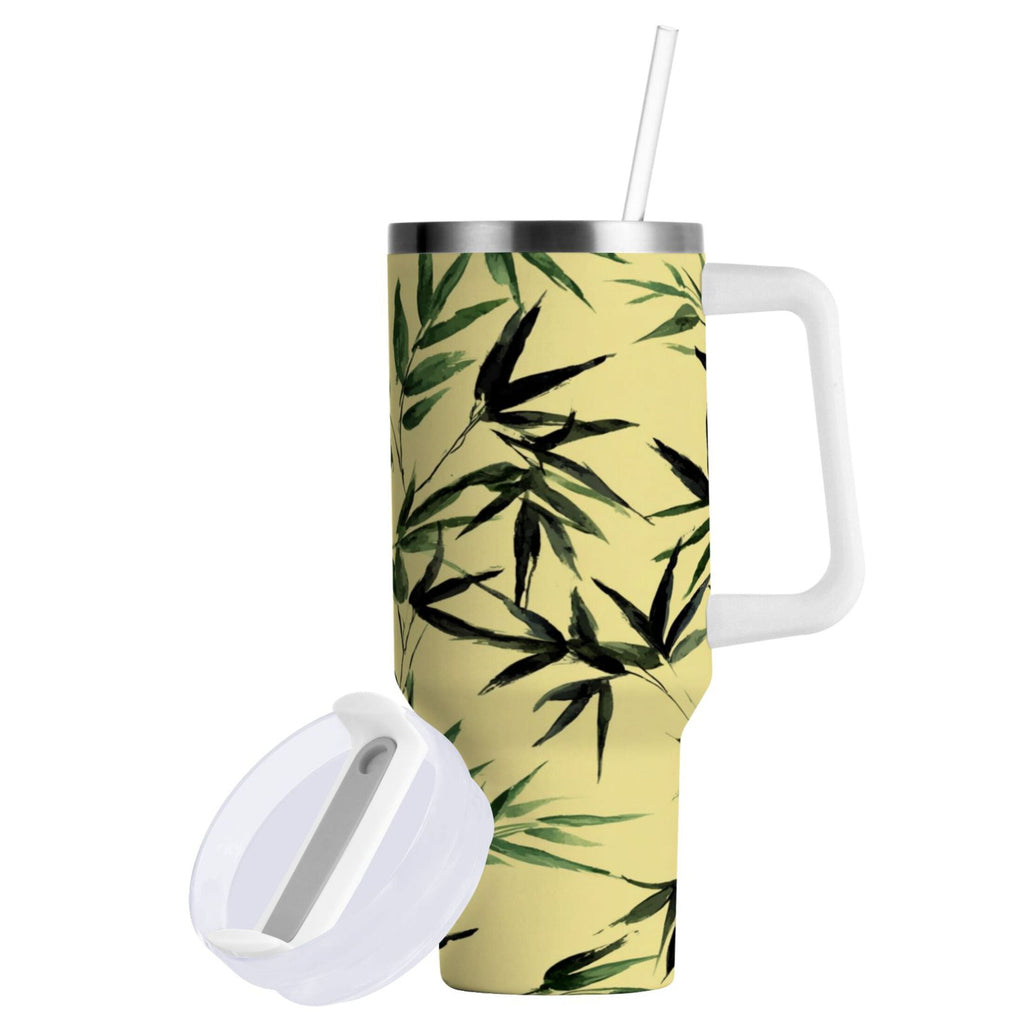 30 oz Insulated Stainless Steel Tumbler Double Wall Stainless Steel Tumbler with 2-Way Drinking Bamboo and Green Leaves M633Z