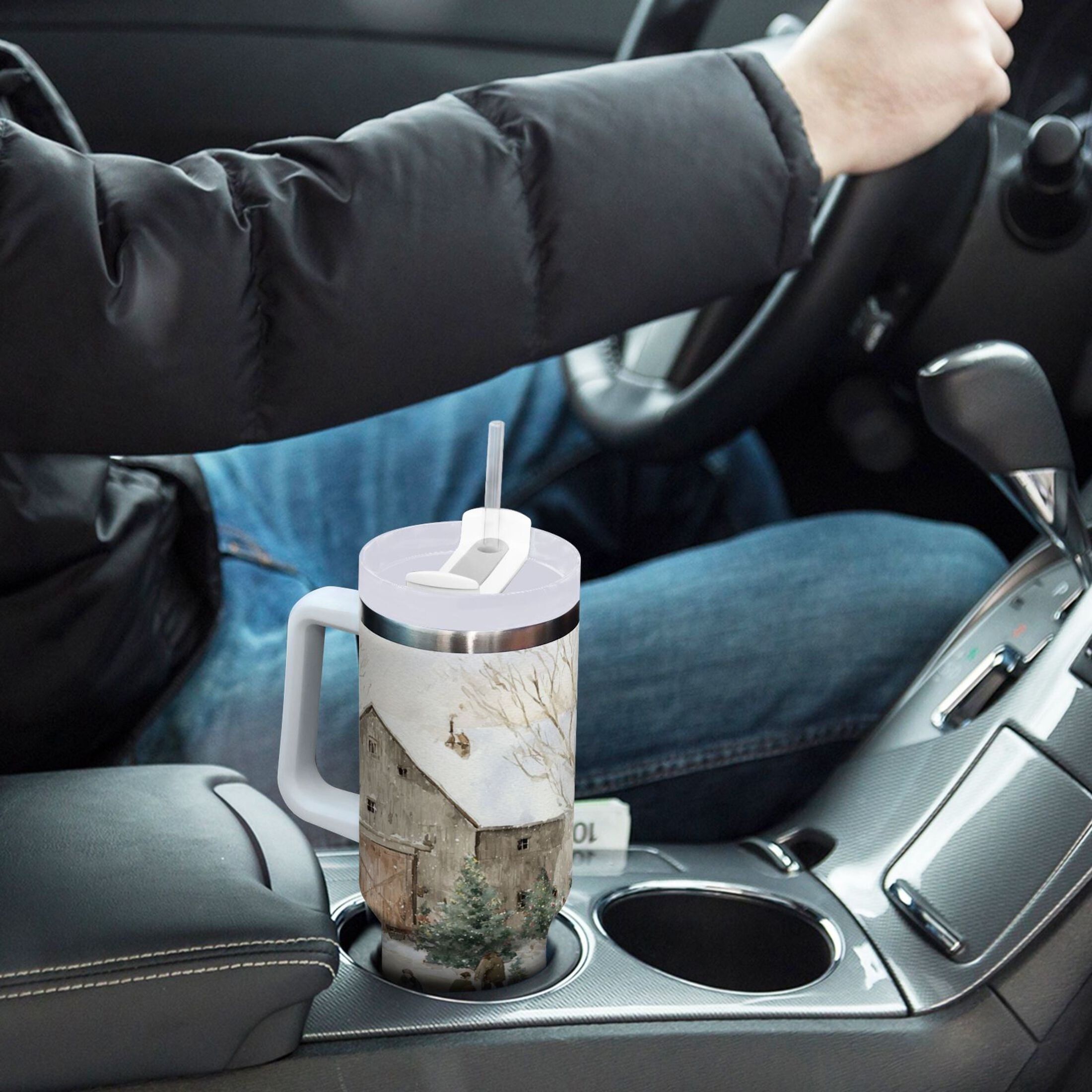 40 oz Insulated Stainless Steel Tumbler Double Wall Stainless Steel Tumbler with 2-Way Drinking Farm Snow Scene M645U
