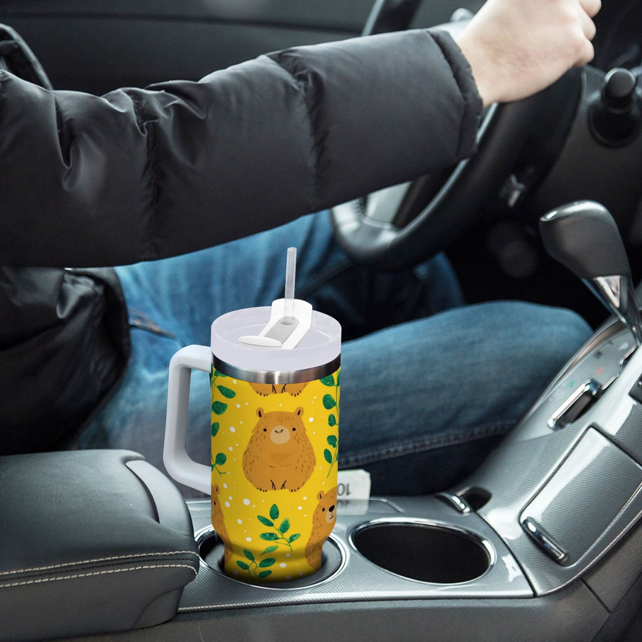 30 oz Insulated Stainless Steel Tumbler Double Wall Stainless Steel Tumbler with 2-Way Drinking Capybara and Green Leaves M658Z