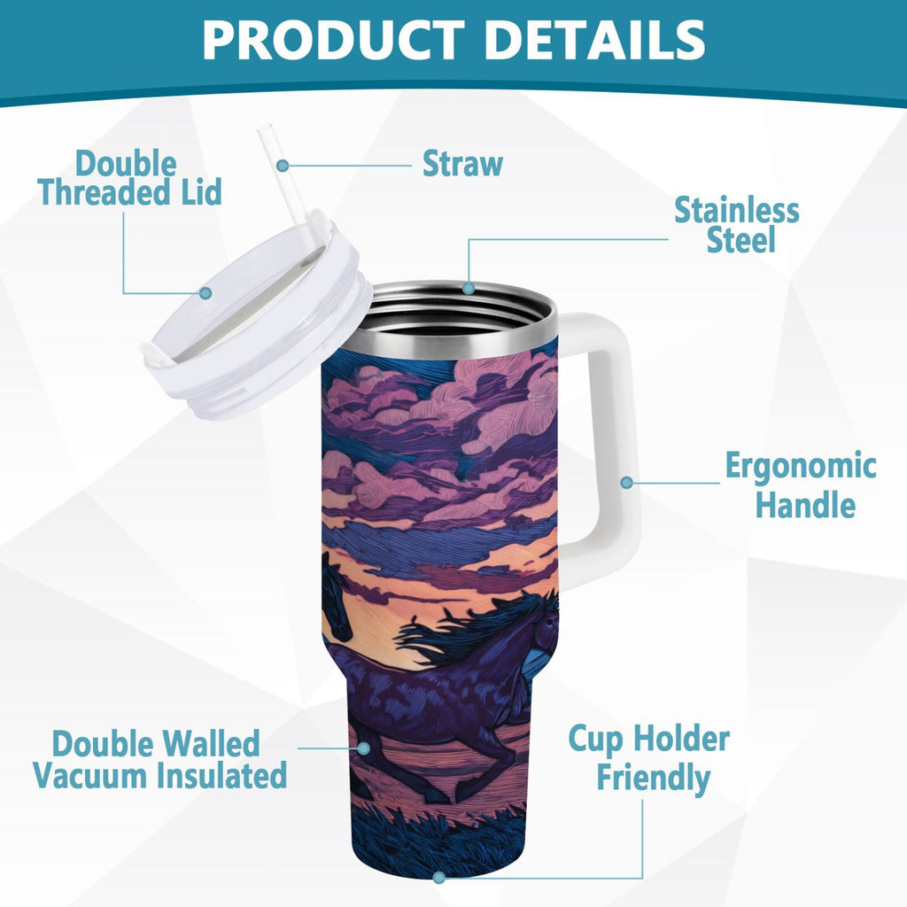 40 oz Insulated Stainless Steel Tumbler Double Wall Stainless Steel Tumbler with 2-Way Drinking Wild Horses Running M506K