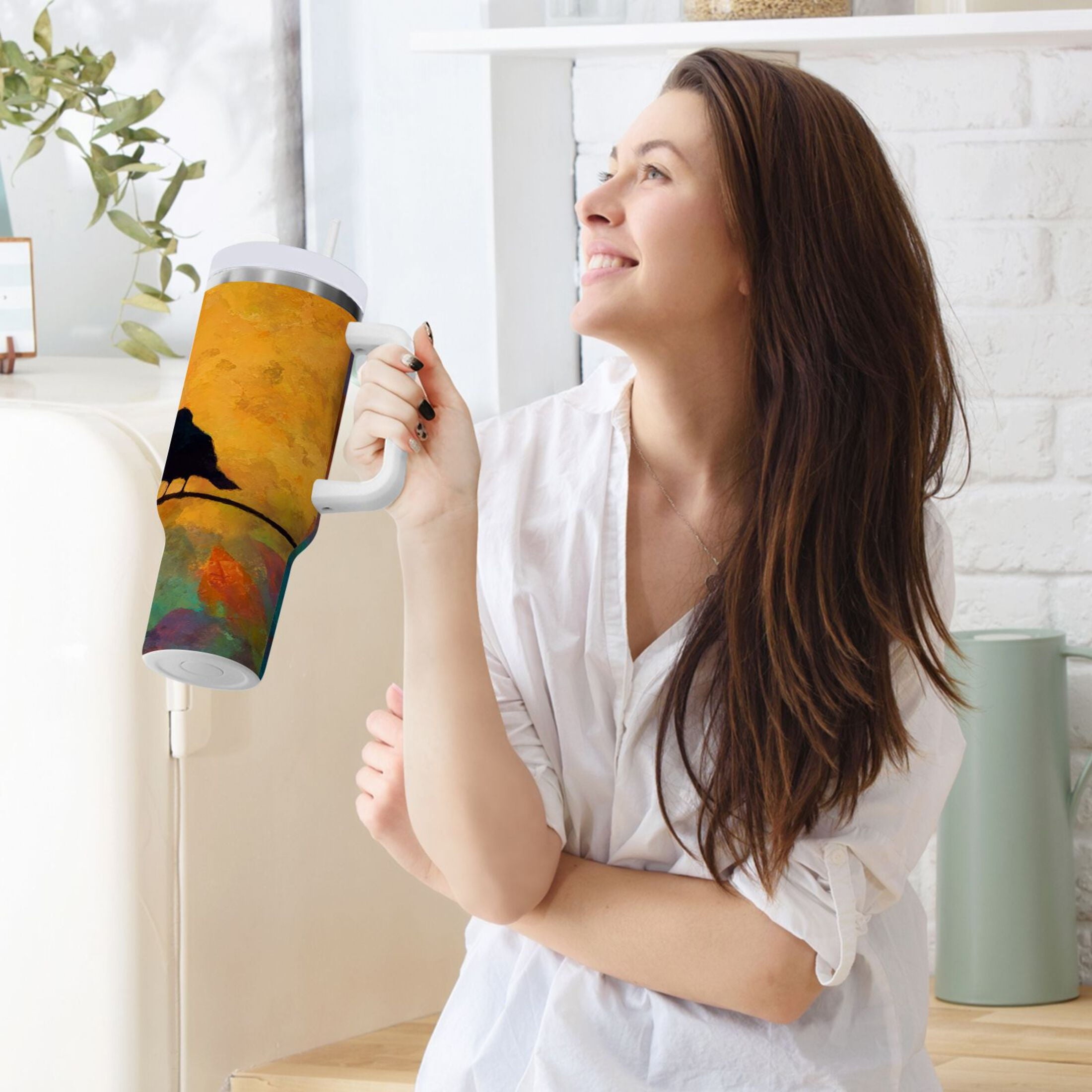 30 oz Insulated Stainless Steel Tumbler Double Wall Stainless Steel Tumbler with 2-Way Drinking Birds on A Wire M613W
