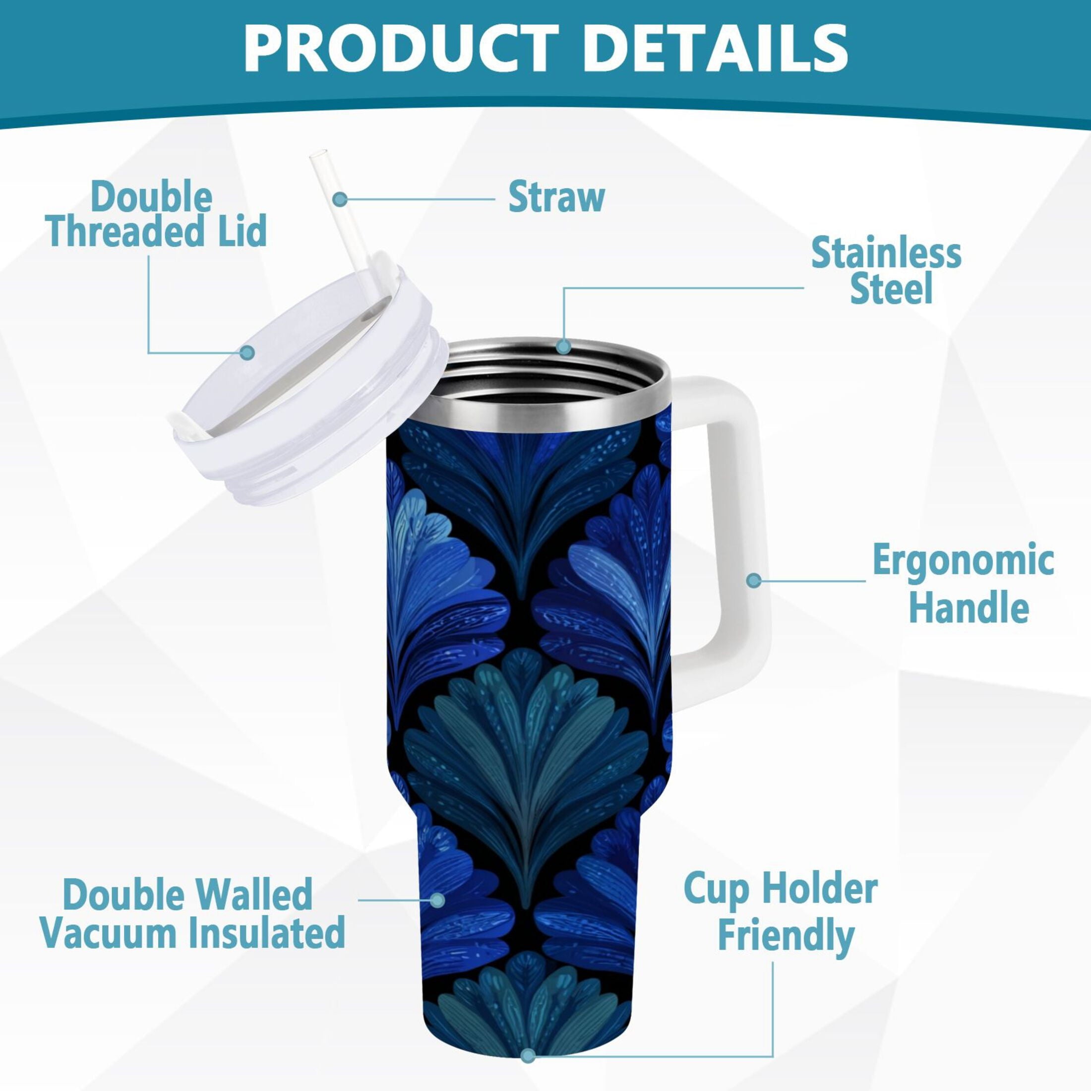 30 oz Insulated Stainless Steel Tumbler Double Wall Stainless Steel Tumbler with 2-Way Drinking Blue Batik Leaves Pattern M525X