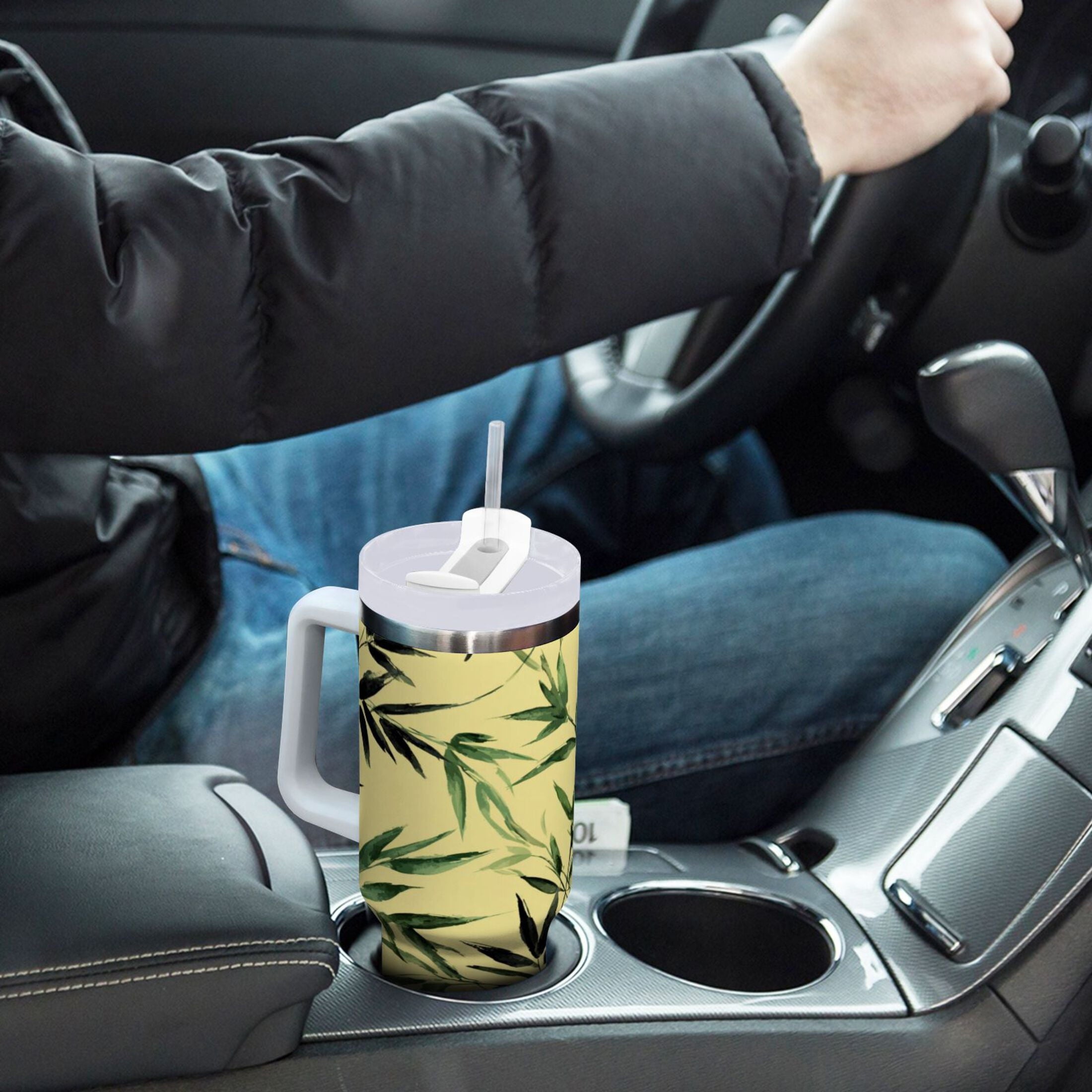 30 oz Insulated Stainless Steel Tumbler Double Wall Stainless Steel Tumbler with 2-Way Drinking Bamboo and Green Leaves M633Z