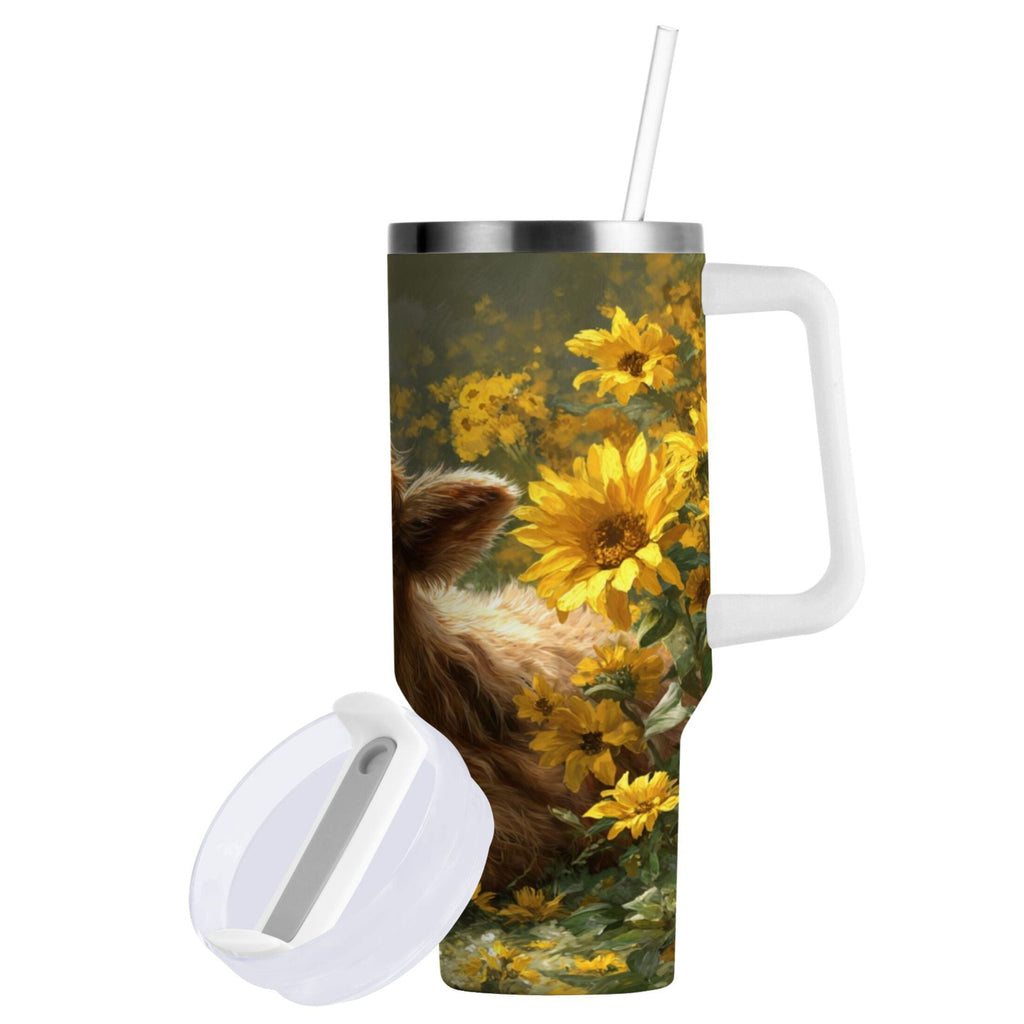 40 oz Insulated Stainless Steel Tumbler Double Wall Stainless Steel Tumbler with 2-Way Drinking Cow Lying in Sunflowers M665X