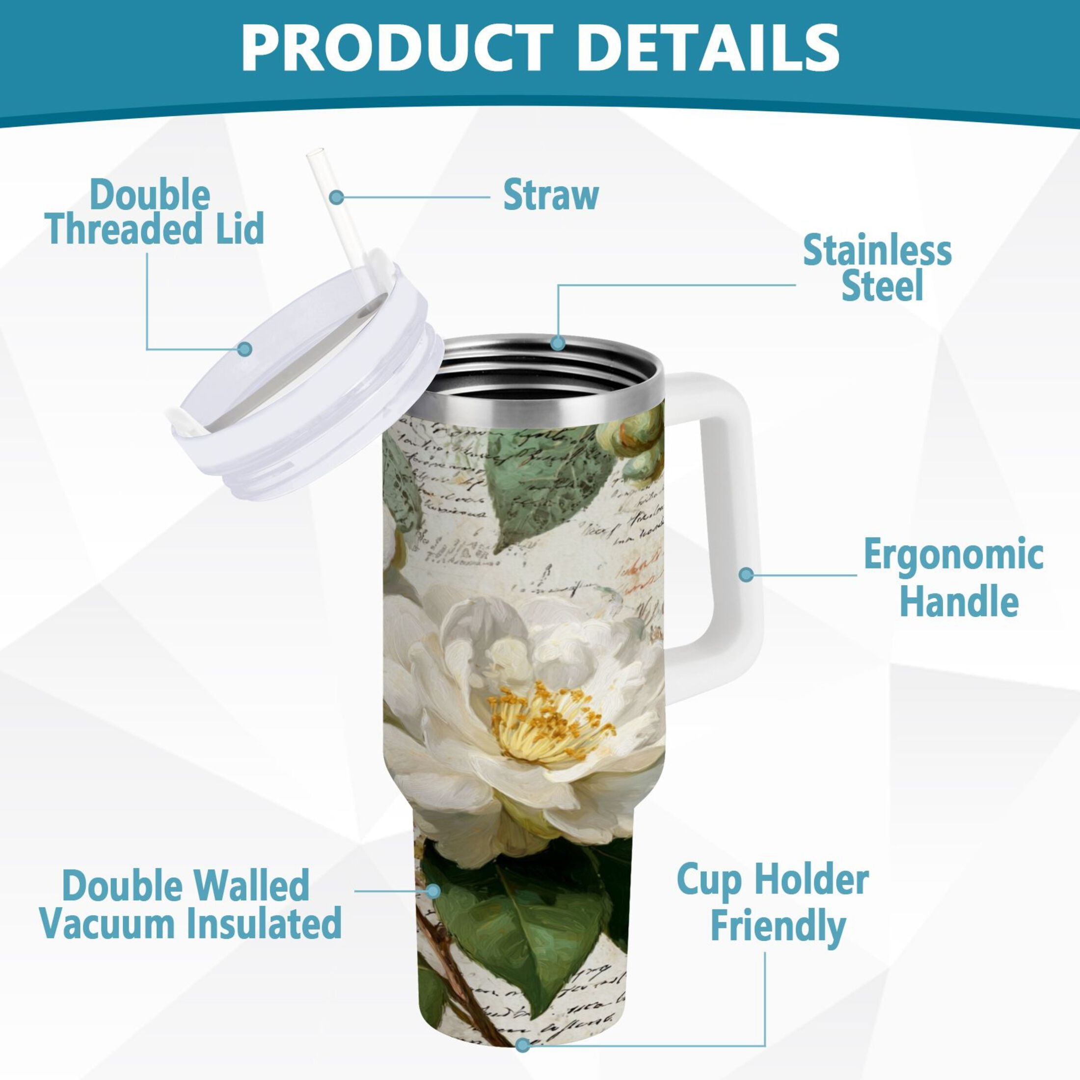 40 oz Insulated Stainless Steel Tumbler Double Wall Stainless Steel Tumbler with 2-Way Drinking Vintage White Camellias M622L