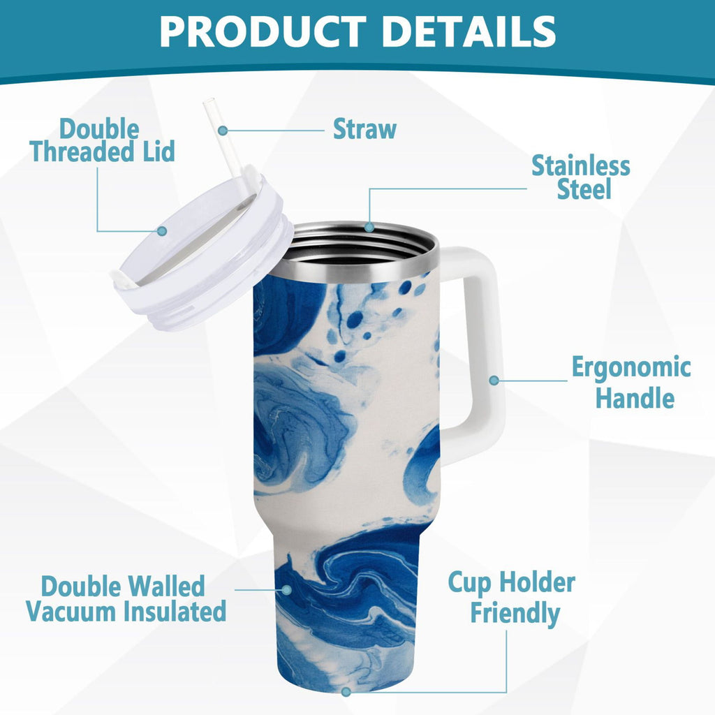 40 oz Insulated Stainless Steel Tumbler Double Wall Stainless Steel Tumbler with 2-Way Drinking Indigo Blue Tie-dye Pattern M632K