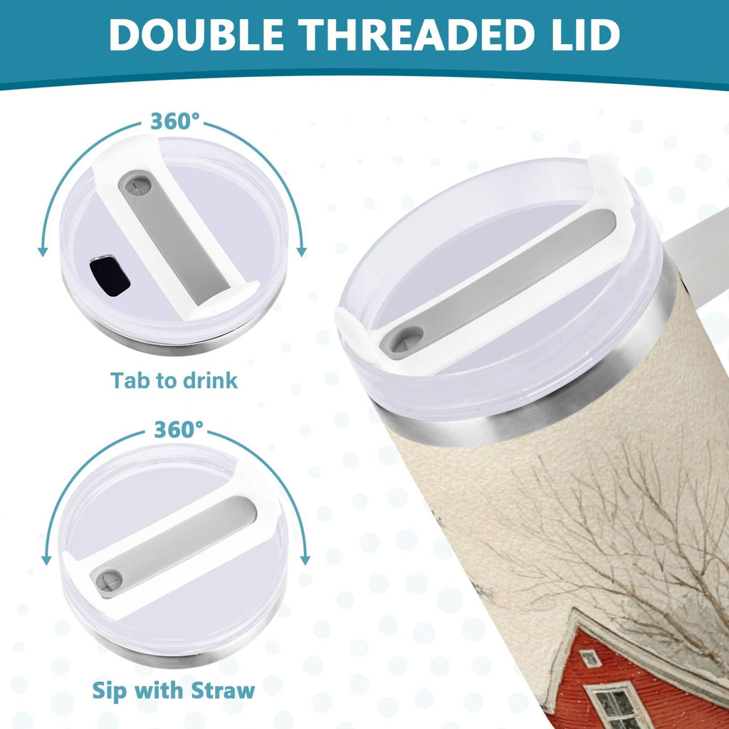 40 oz Insulated Stainless Steel Tumbler Double Wall Stainless Steel Tumbler with 2-Way Drinking House with Snow-covered Roof M674M