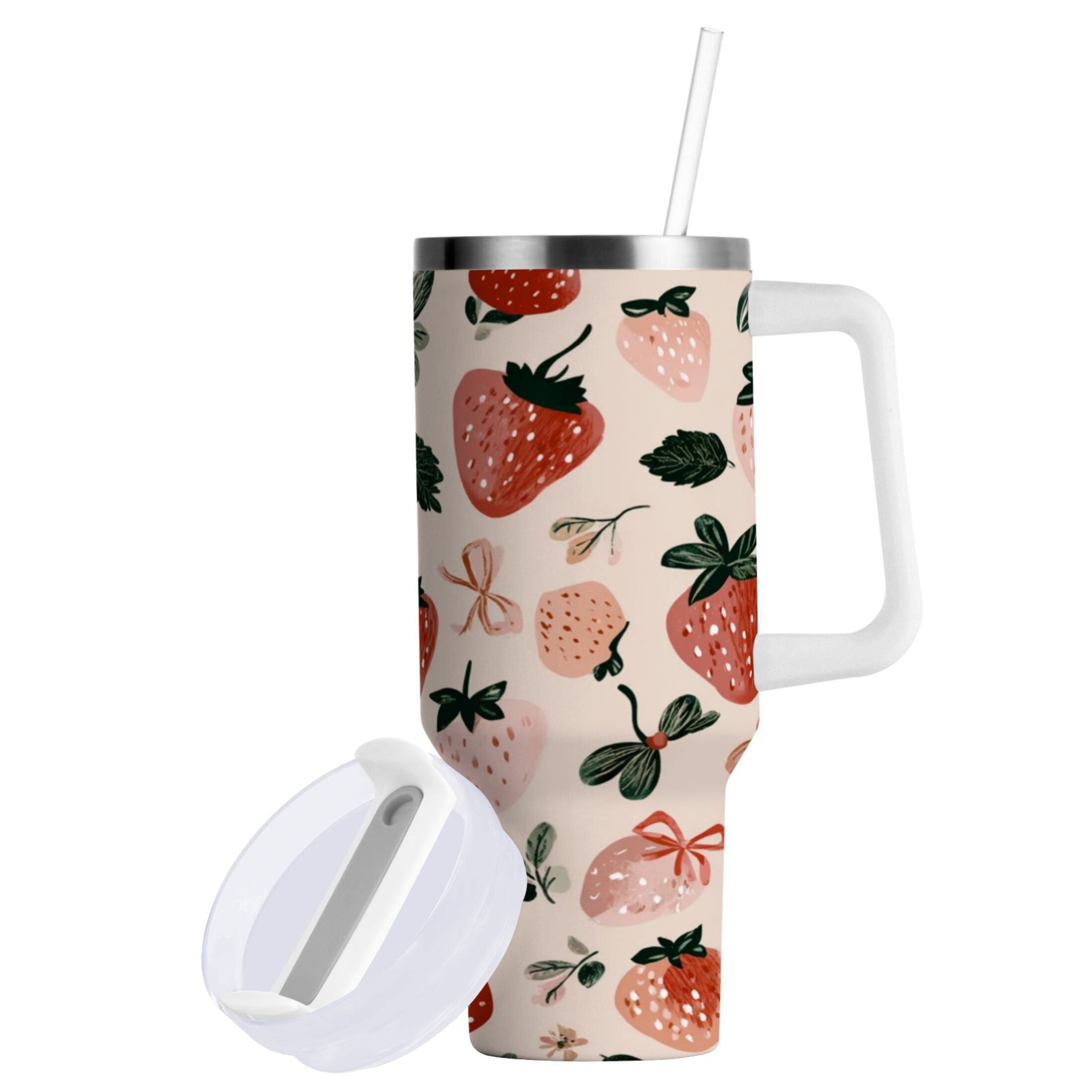 30 oz Insulated Stainless Steel Tumbler Double Wall Stainless Steel Tumbler with 2-Way Drinking Cute Pinks Strawberries M596A
