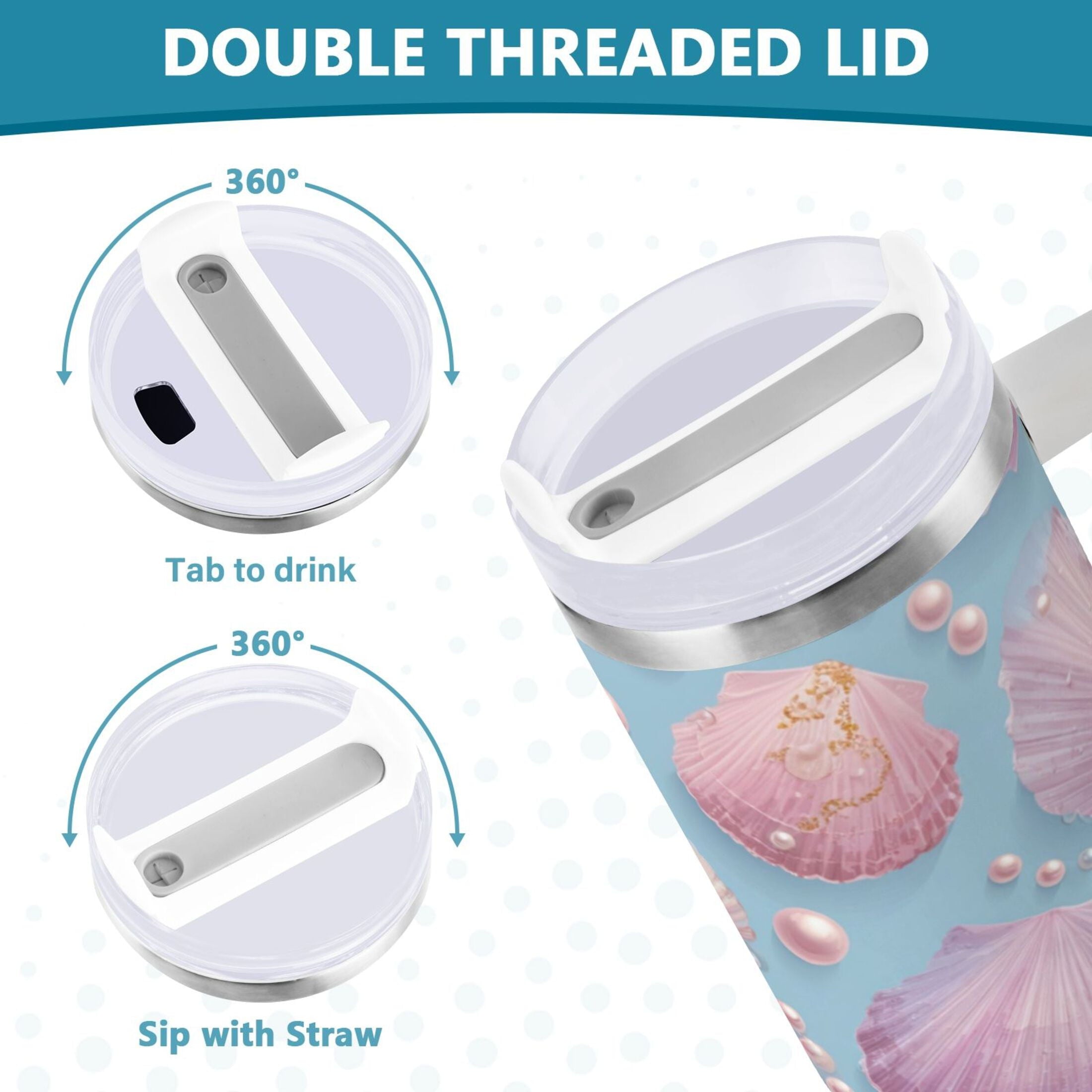 40 oz Insulated Stainless Steel Tumbler Double Wall Stainless Steel Tumbler with 2-Way Drinking Seashells and Pearls Pattern M569M