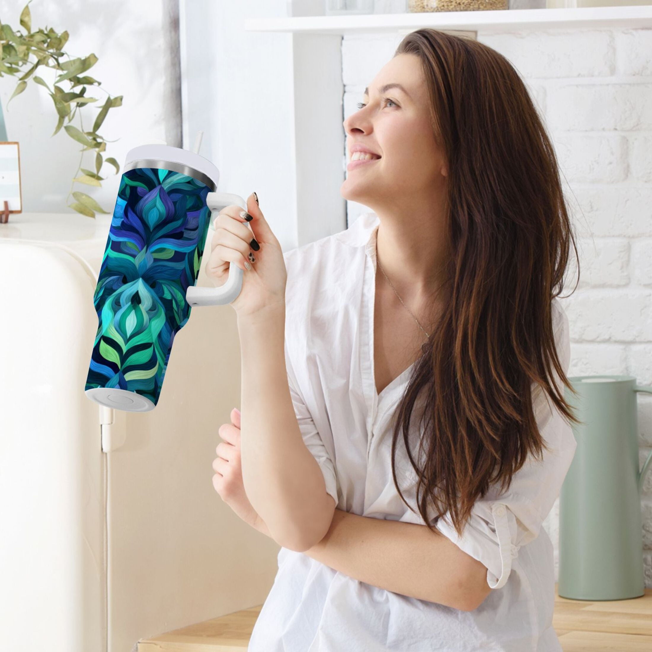 40 oz Insulated Stainless Steel Tumbler Double Wall Stainless Steel Tumbler with 2-Way Drinking Elegant Blue Abstract Shapes M609R