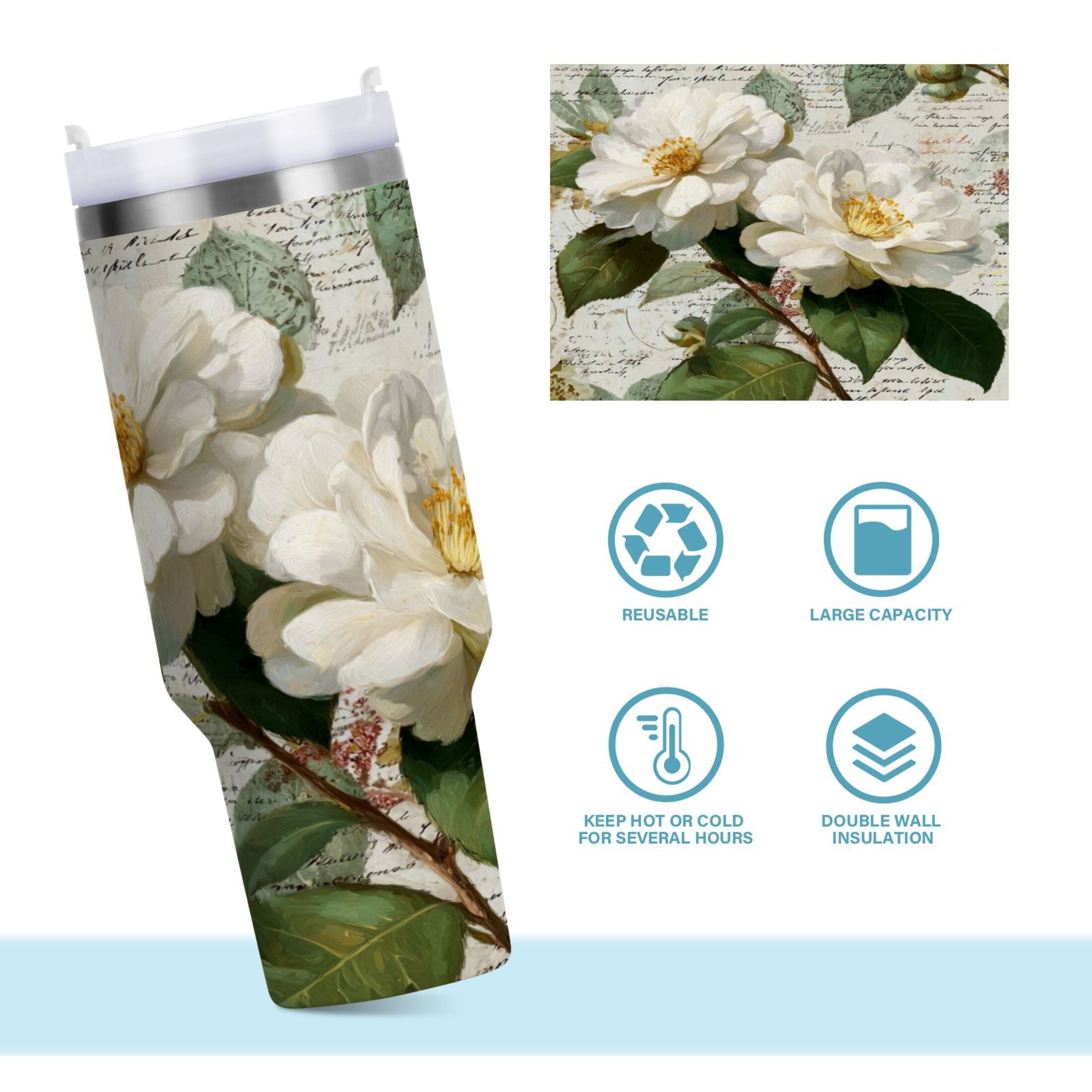40 oz Insulated Stainless Steel Tumbler Double Wall Stainless Steel Tumbler with 2-Way Drinking Vintage White Camellias M622L