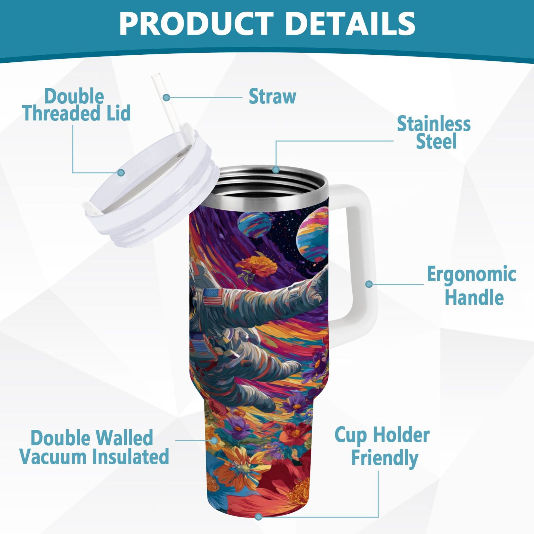 40 oz Insulated Stainless Steel Tumbler Double Wall Stainless Steel Tumbler with 2-Way Drinking Colorful Flowers and Planets M598F