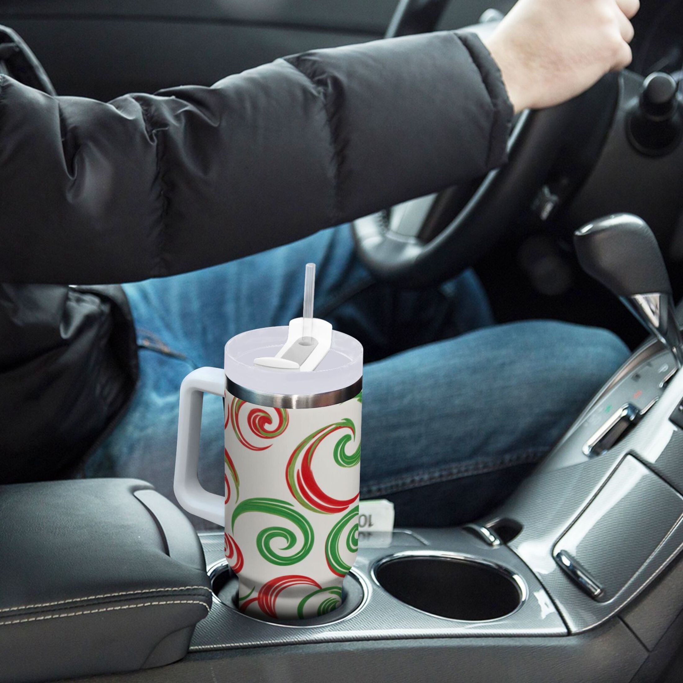 40 oz Insulated Stainless Steel Tumbler Double Wall Stainless Steel Tumbler with 2-Way Drinking Red and Green Swirls M539Y