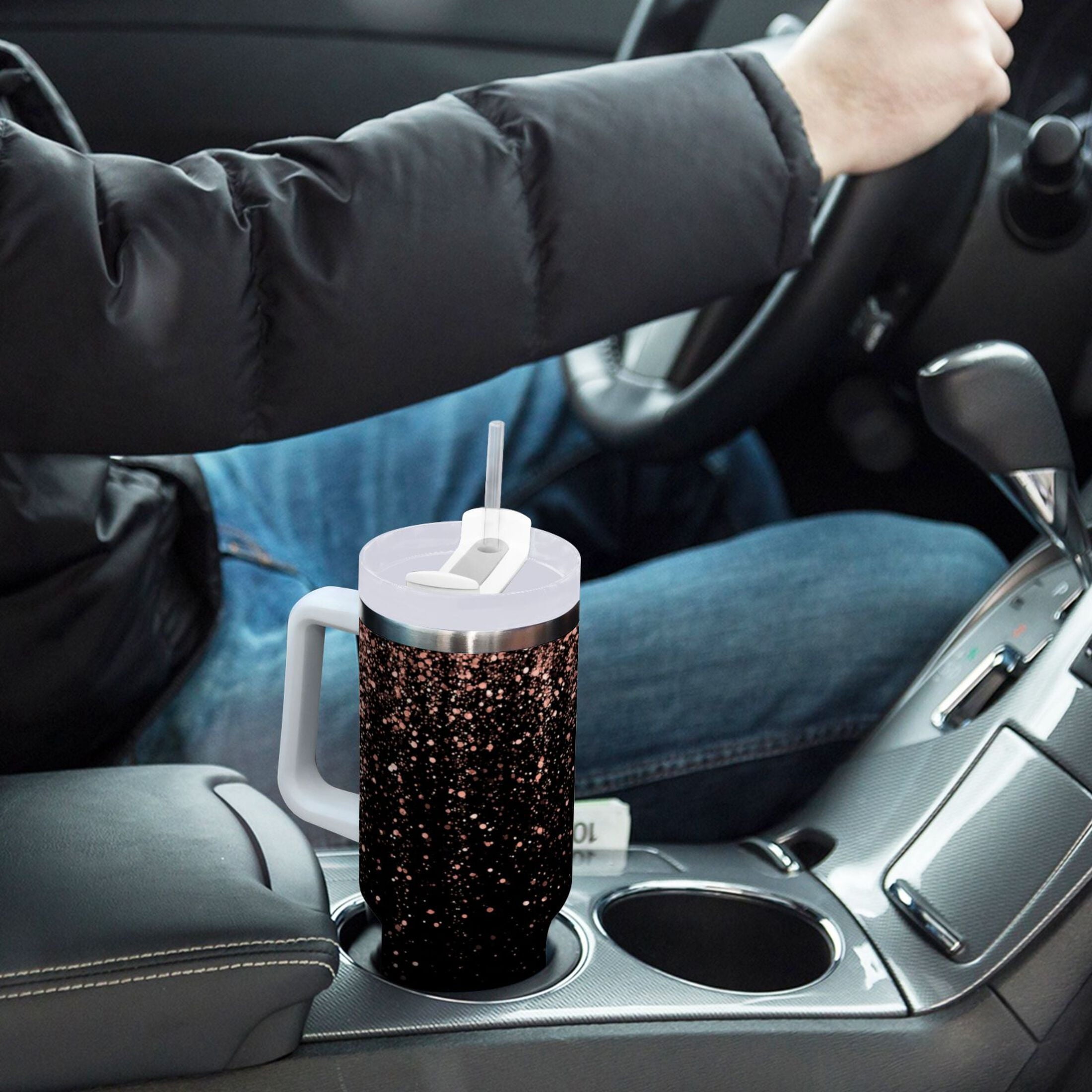 40 oz Insulated Stainless Steel Tumbler Double Wall Stainless Steel Tumbler with 2-Way Drinking Rose Gold Glitter M589E