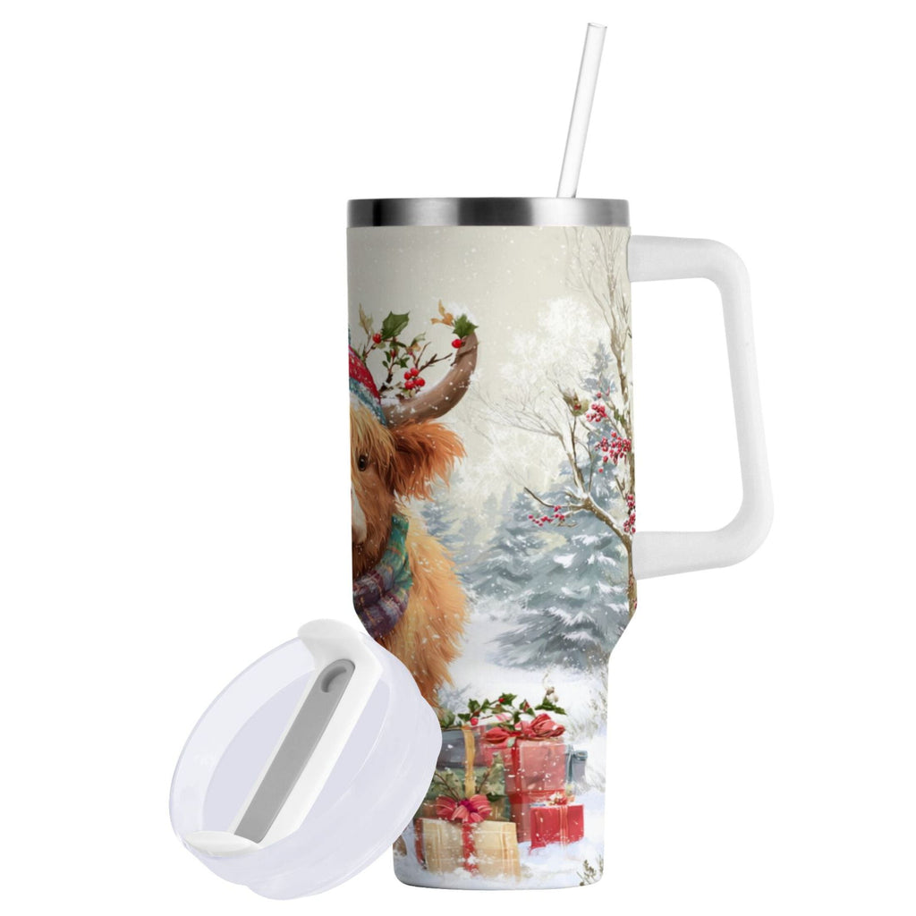 30 oz Insulated Stainless Steel Tumbler Double Wall Stainless Steel Tumbler with 2-Way Drinking Cow Wearing Christmas Hat M681V