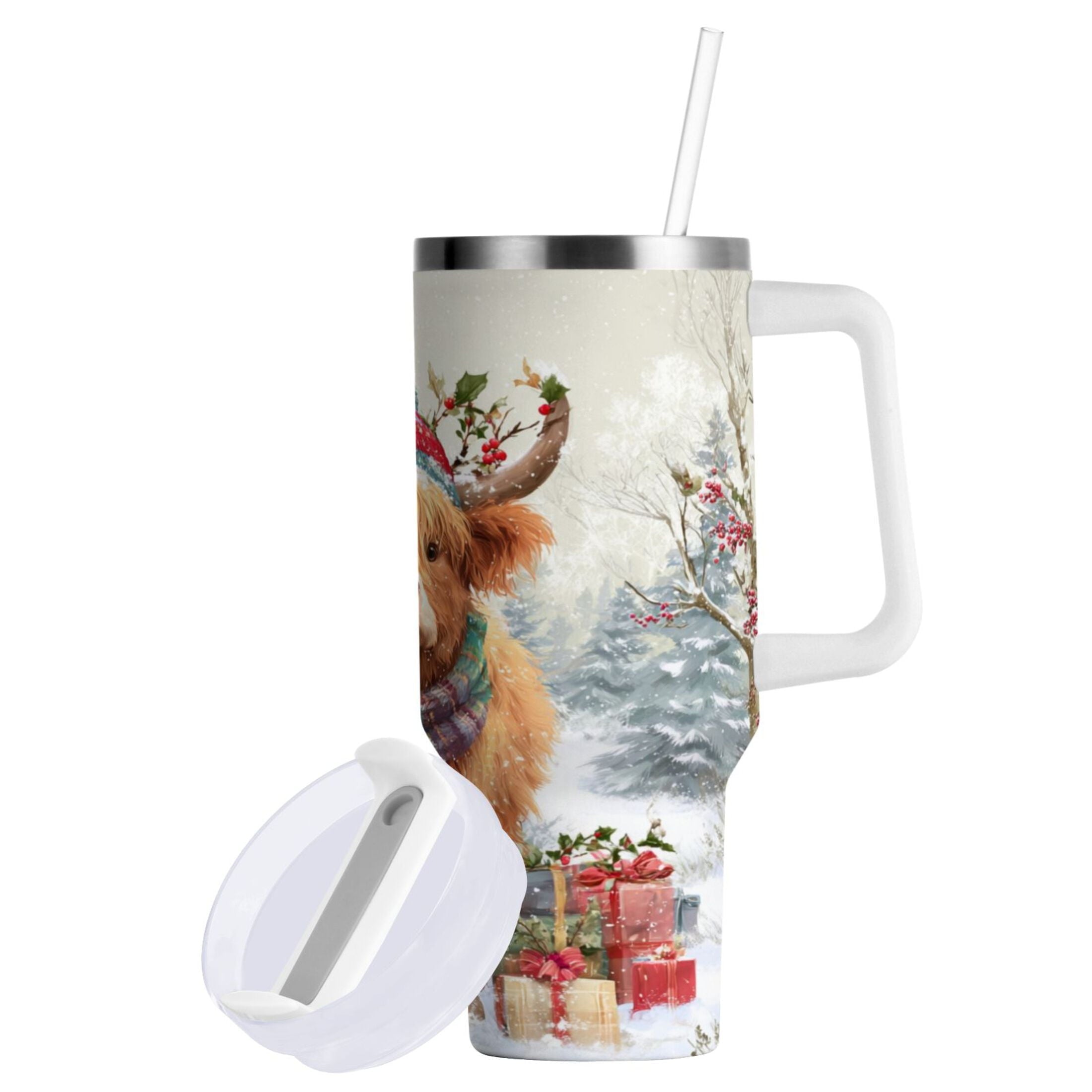 30 oz Insulated Stainless Steel Tumbler Double Wall Stainless Steel Tumbler with 2-Way Drinking Cow Wearing Christmas Hat M681V