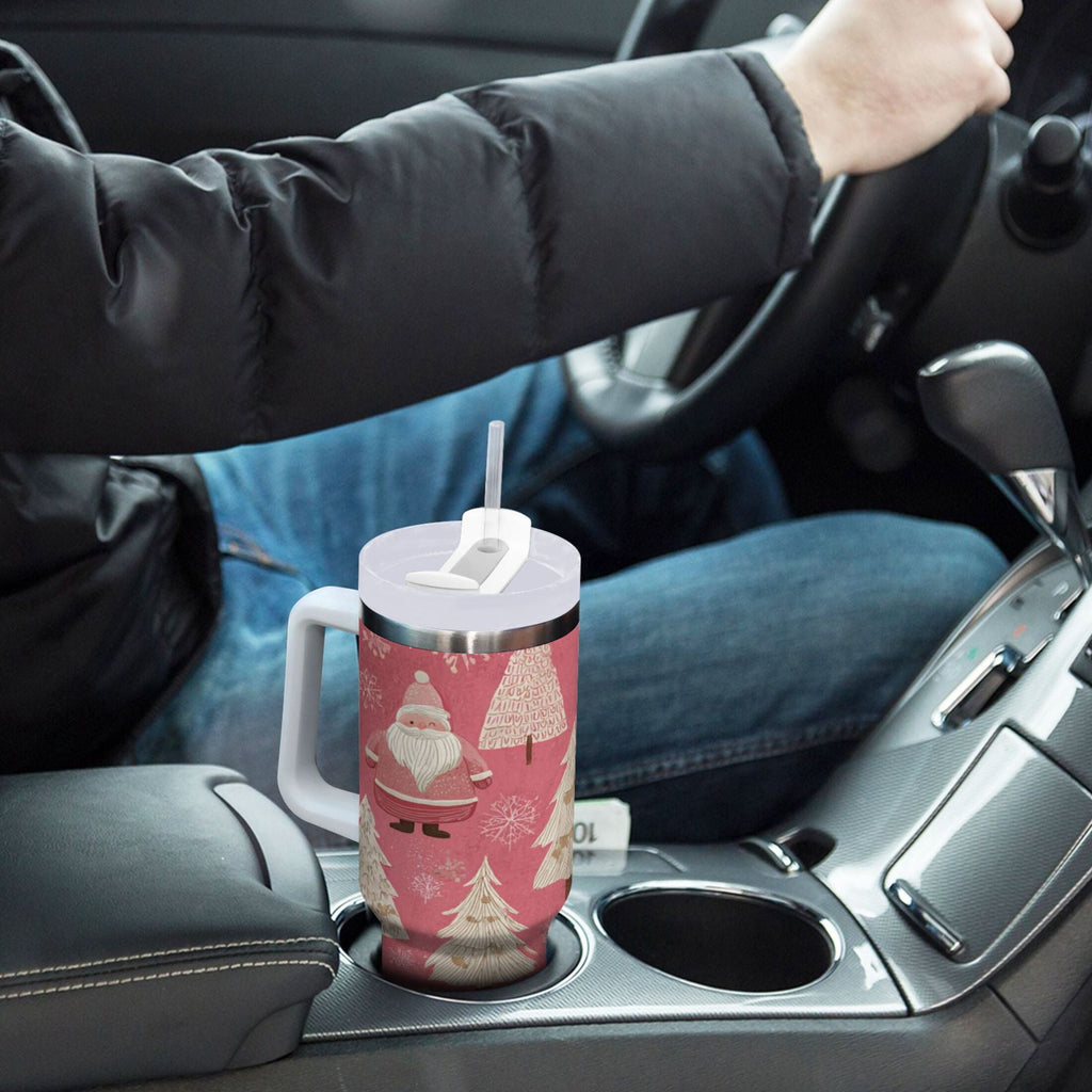 40 oz Insulated Stainless Steel Tumbler Double Wall Stainless Steel Tumbler with 2-Way Drinking Pink Santa Claus Pattern M527N