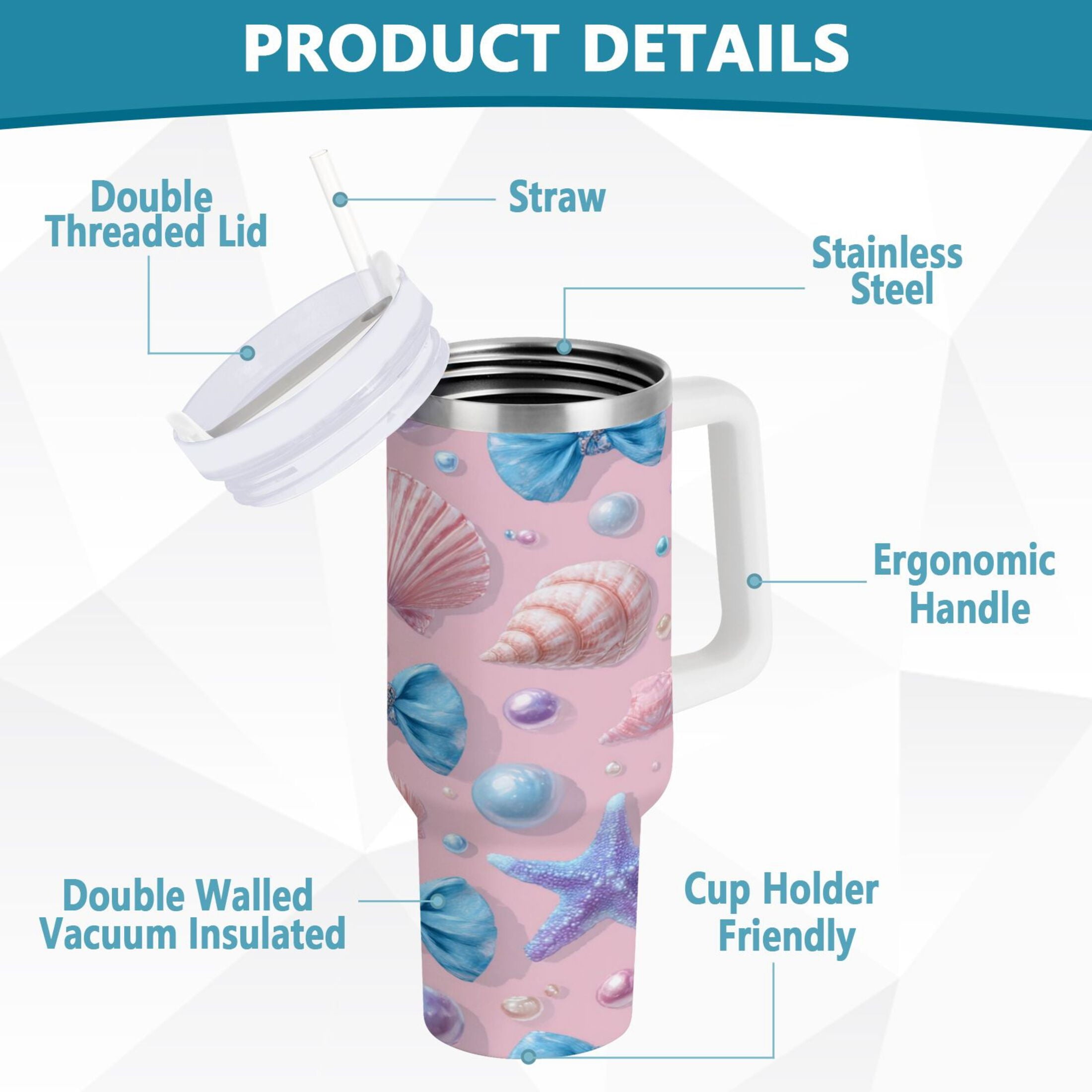 30 oz Insulated Stainless Steel Tumbler Double Wall Stainless Steel Tumbler with 2-Way Drinking Seashells and Bows M519V