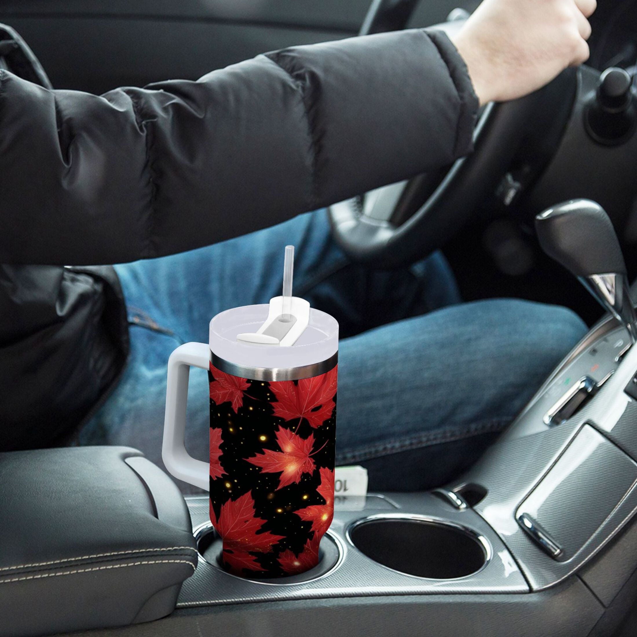 40 oz Insulated Stainless Steel Tumbler Double Wall Stainless Steel Tumbler with 2-Way Drinking Maple Leaves and Fireflies M516Q