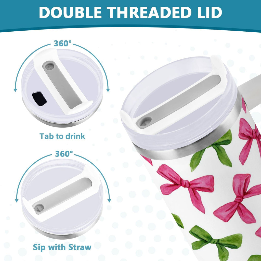 30 oz Insulated Stainless Steel Tumbler Double Wall Stainless Steel Tumbler with 2-Way Drinking Pink Bows and Green Ribbons M649U