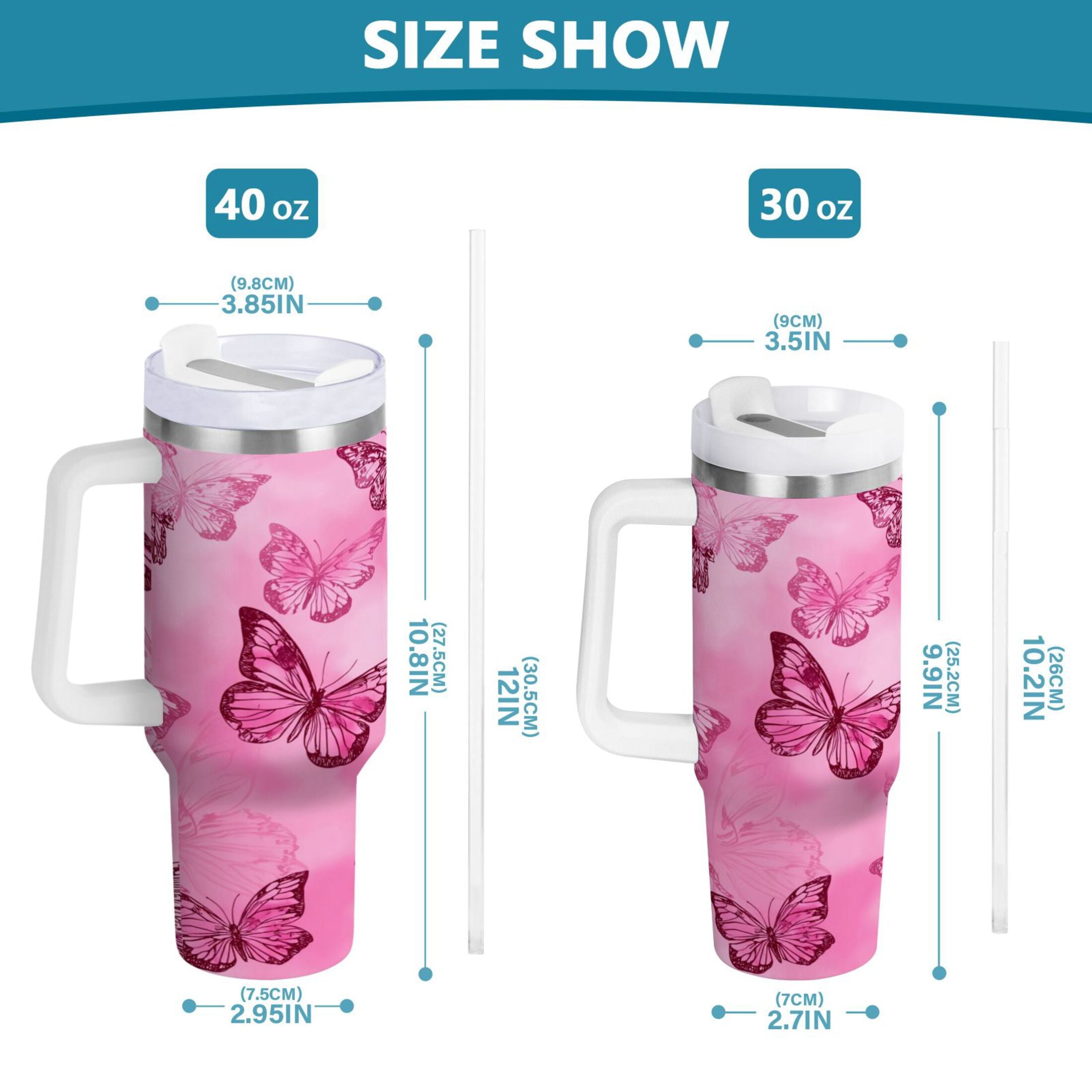 40 oz Insulated Stainless Steel Tumbler Double Wall Stainless Steel Tumbler with 2-Way Drinking Pink Butterfly Pattern M629A