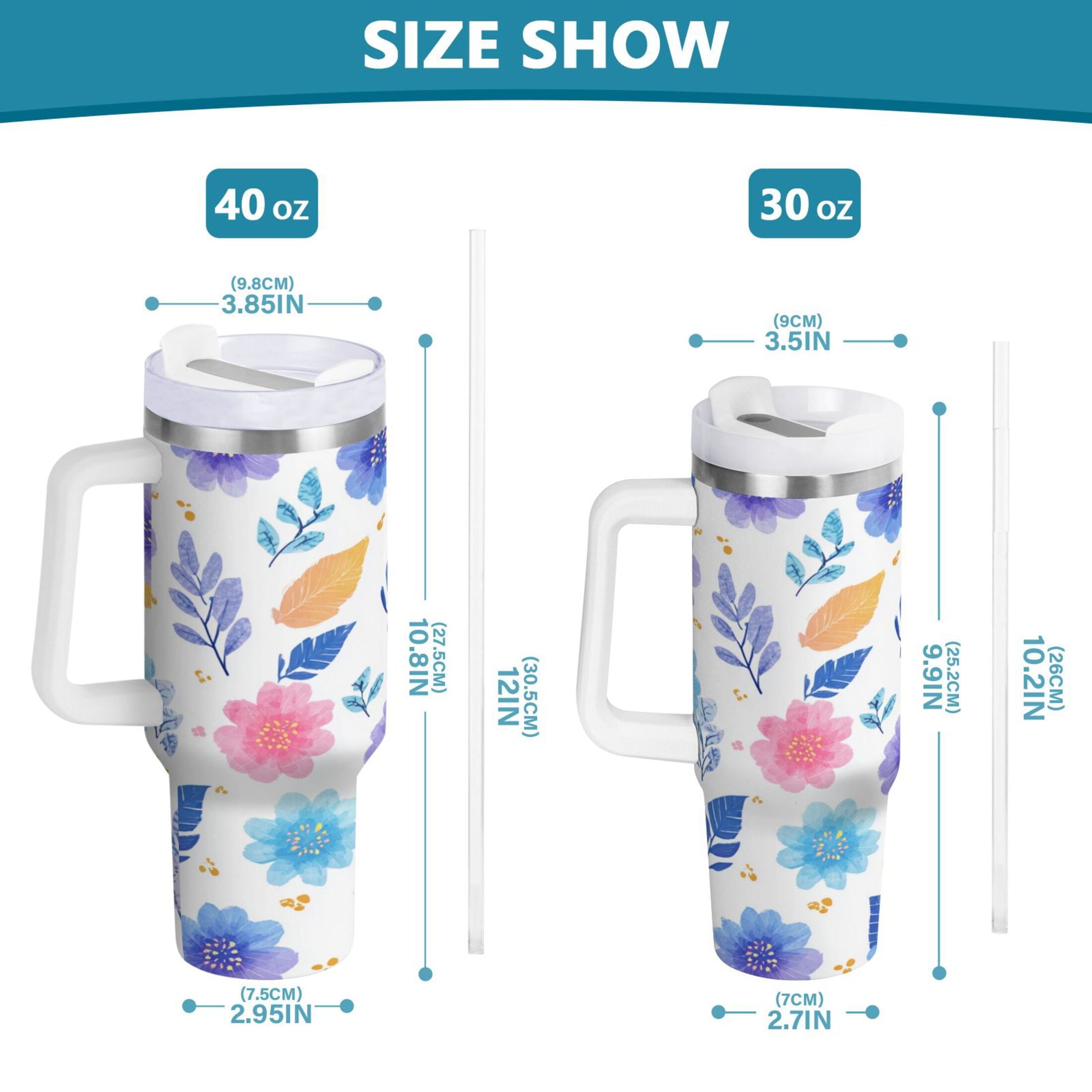 30 oz Insulated Stainless Steel Tumbler Double Wall Stainless Steel Tumbler with 2-Way Drinking Blue and Purple Flowers M522U