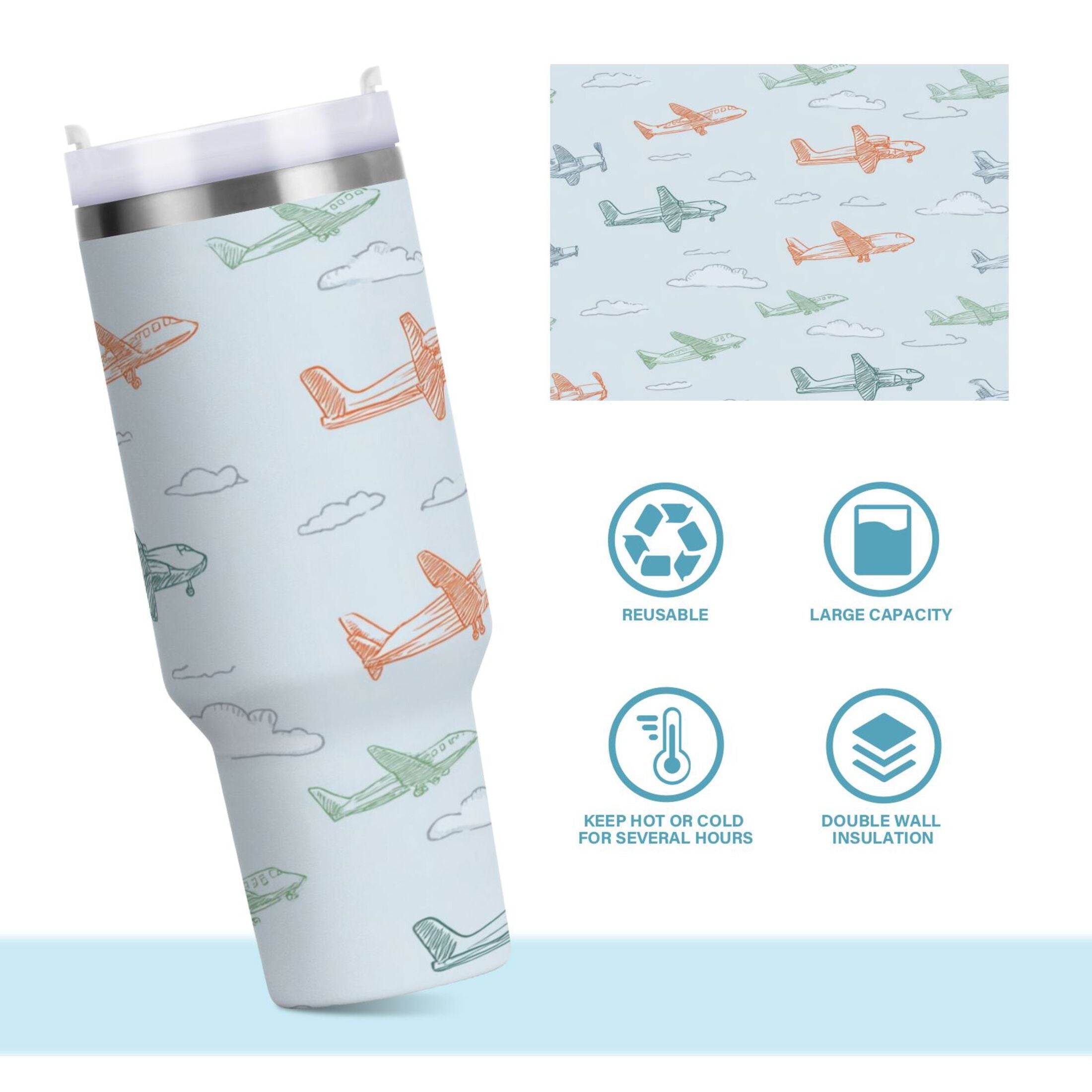 30 oz Insulated Stainless Steel Tumbler Double Wall Stainless Steel Tumbler with 2-Way Drinking Pastel Doodle Airplanes M593Z